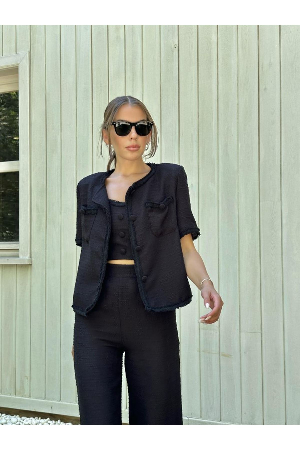 Siyah Askılı Büstiyer Ceket Ve Pantolon Takım