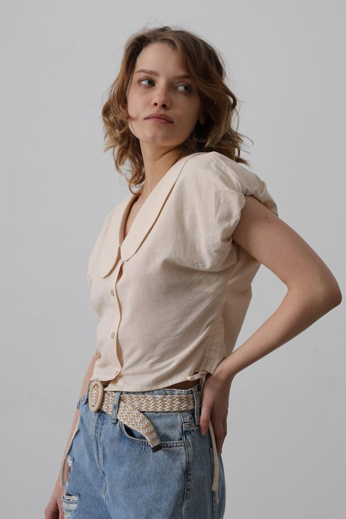 Bebe Yaka Yanları Bağlamalı Bluz - Taş