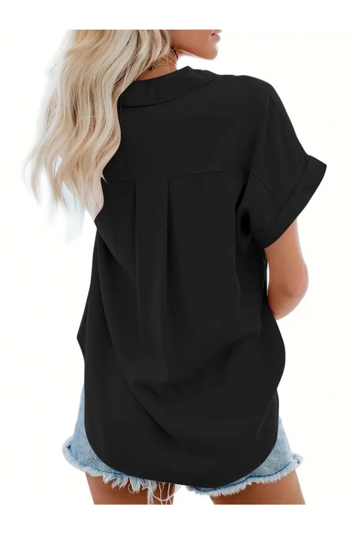 Kadın Kısa Kollu V Yakalı önden Düğmeli Dokuma Gömlek