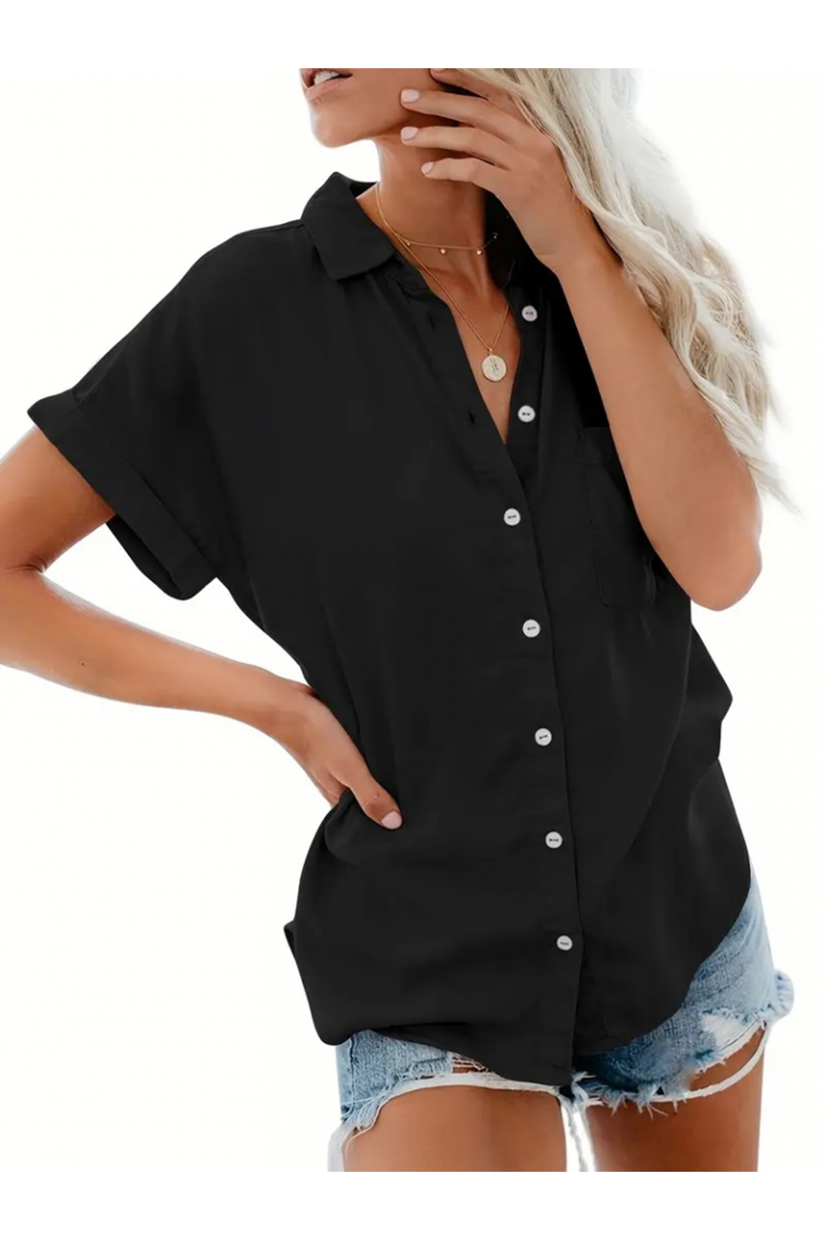 Kadın Kısa Kollu V Yakalı önden Düğmeli Dokuma Gömlek