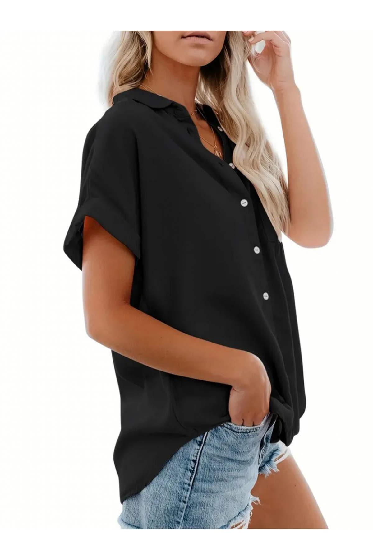 Kadın Kısa Kollu V Yakalı önden Düğmeli Dokuma Gömlek