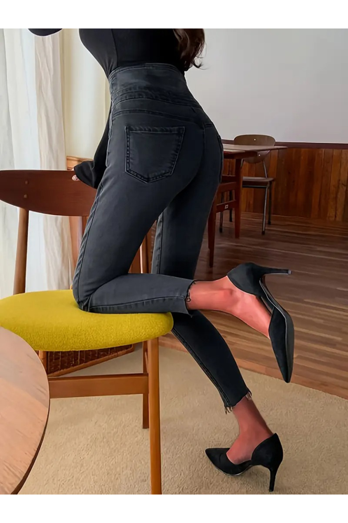 Kadın Yüksek Bel önden Düğmeli Cepli Kot Pantolon