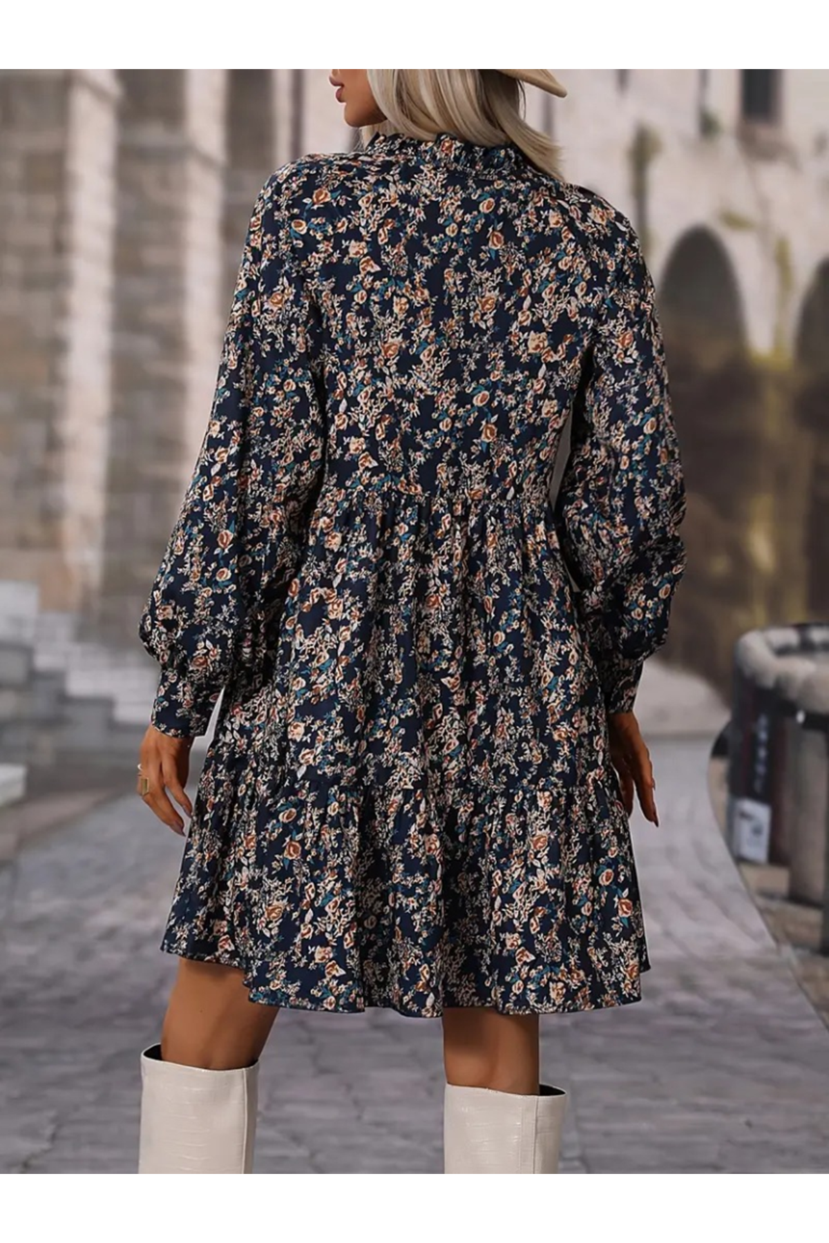 Kadın Uzun Kollu Hakim V Yakalı Desenli Volanlı Süprem Elbise