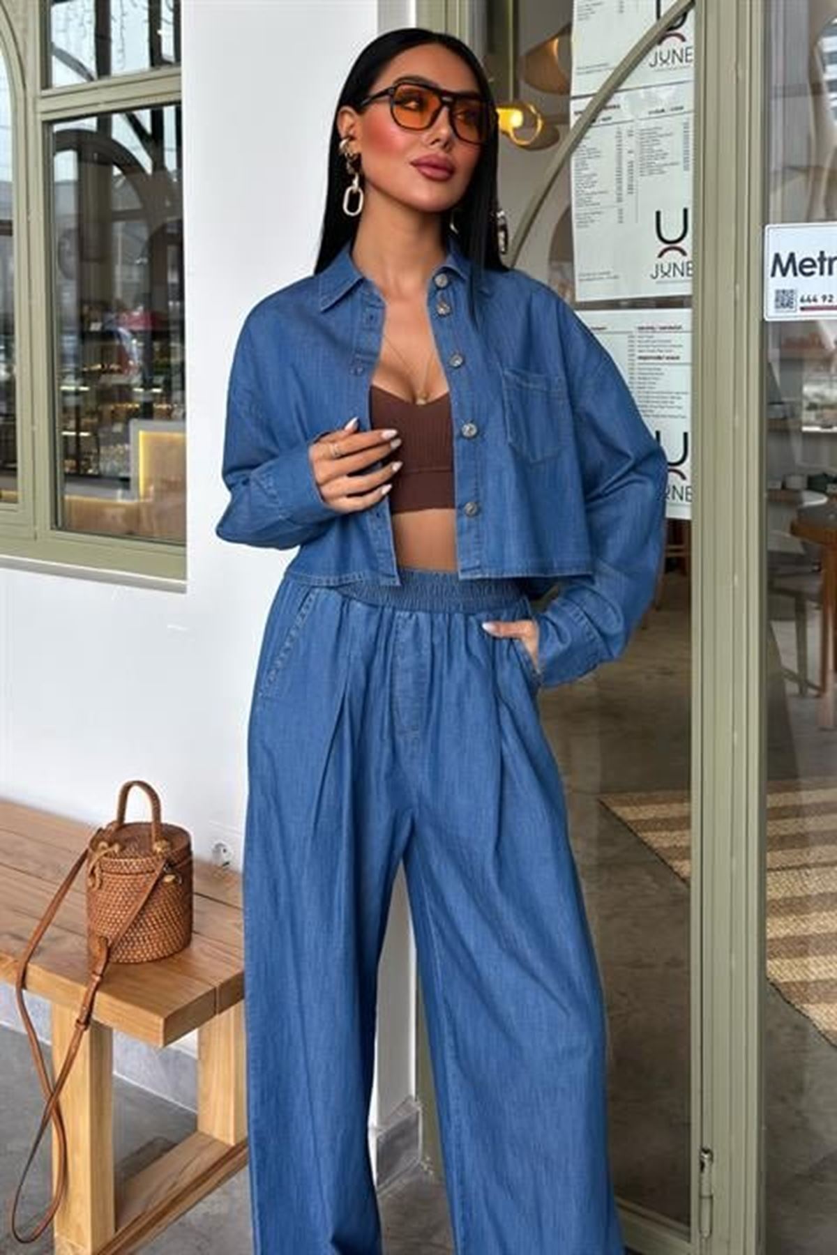 Denim Gömlek Plazzo Pantolon Takım 10163-08