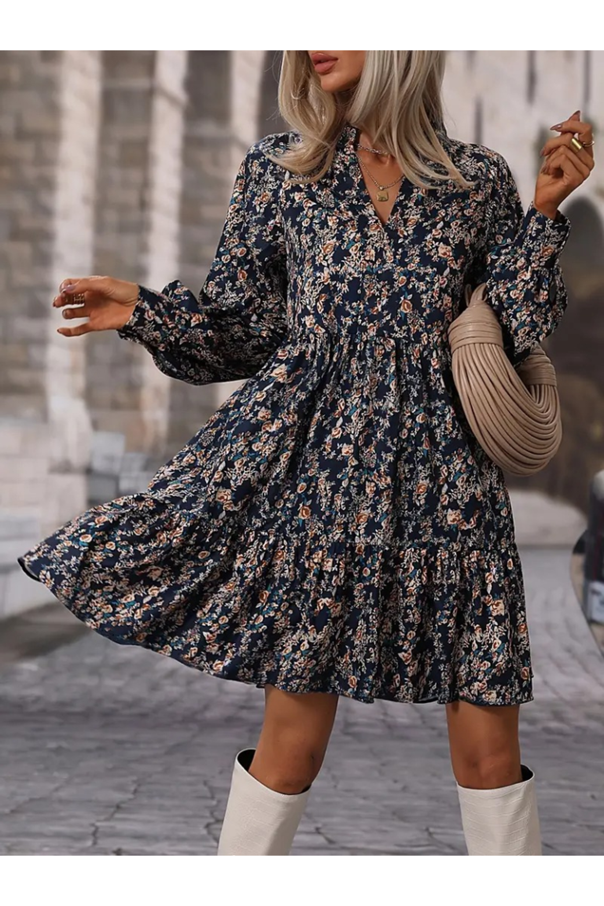 Kadın Uzun Kollu Hakim V Yakalı Desenli Volanlı Süprem Elbise