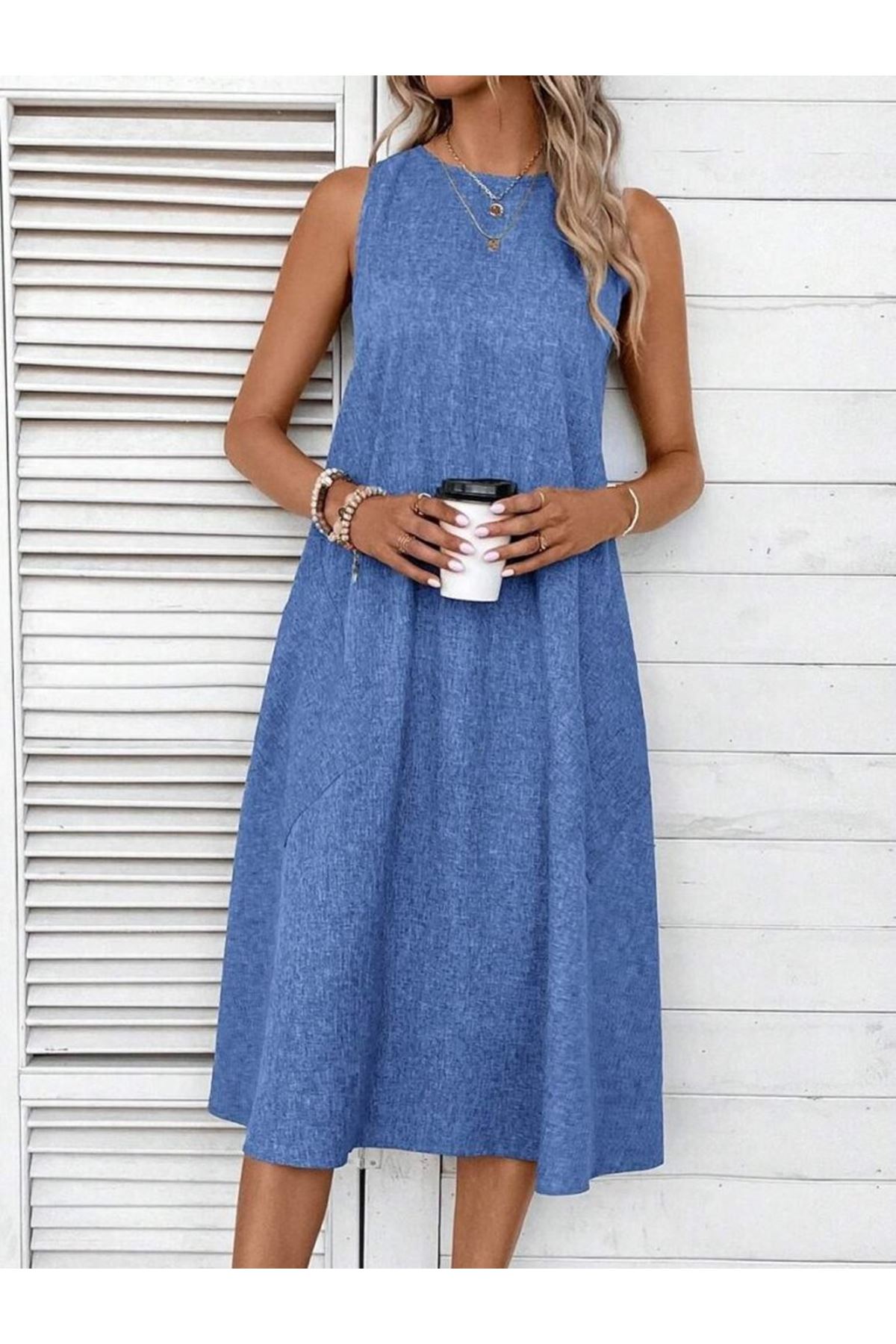 Kadın Kolsuz Bisiklet Yaka Cepli Midi Keten Elbise