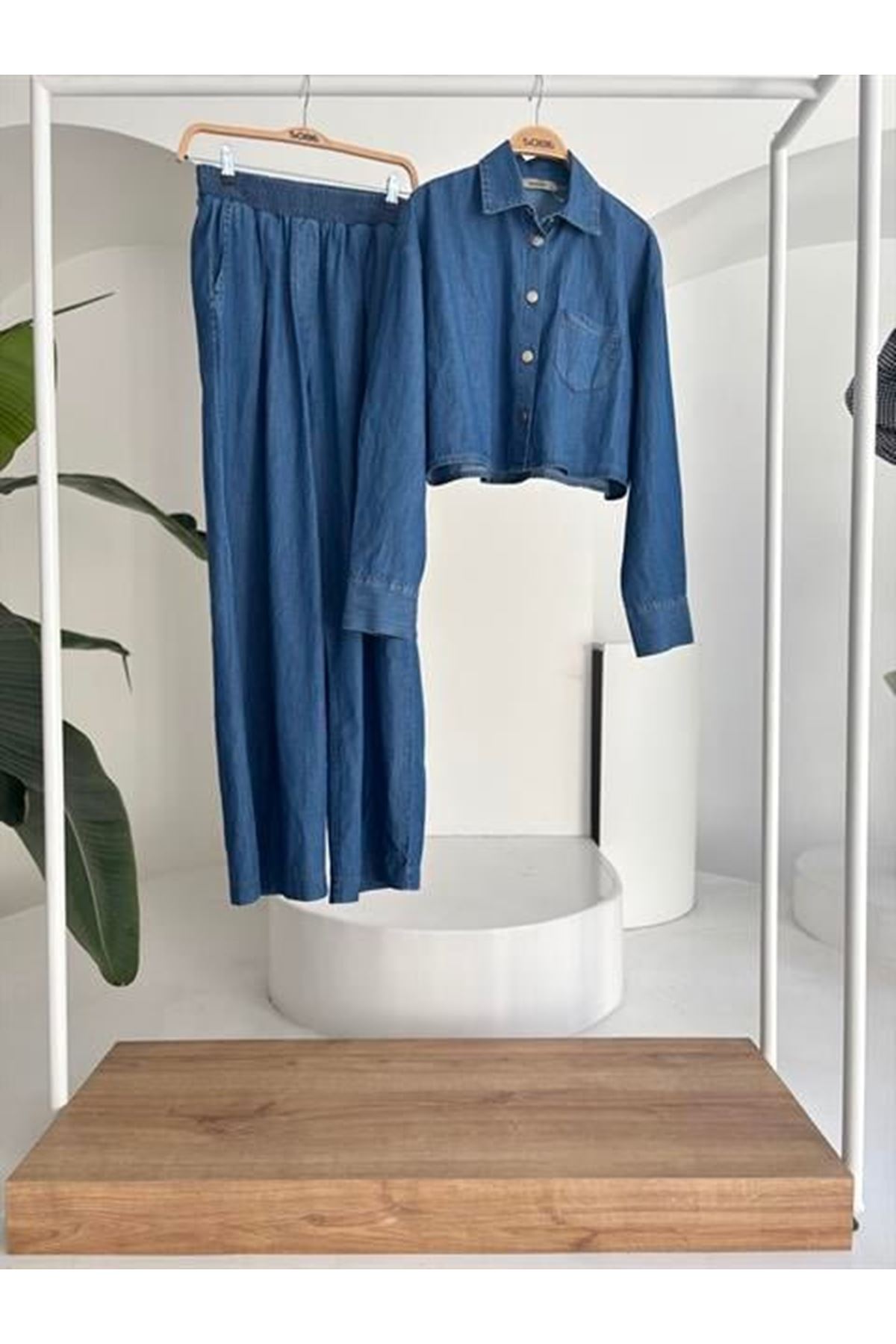 Denim Gömlek Plazzo Pantolon Takım 10163-08