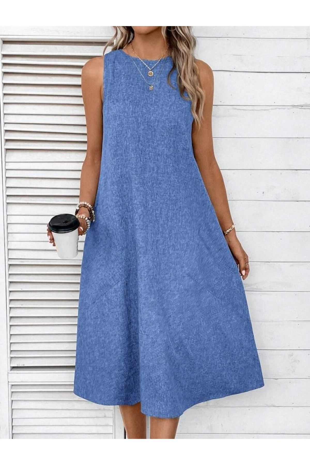 Kadın Kolsuz Bisiklet Yaka Cepli Midi Keten Elbise