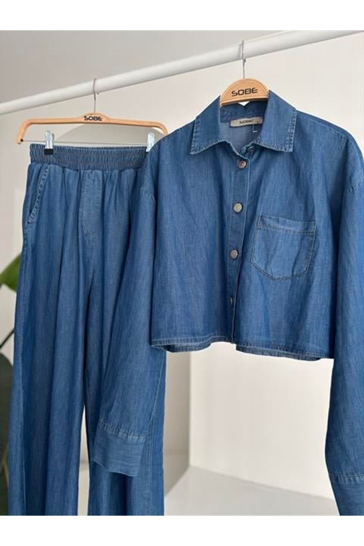 Denim Gömlek Plazzo Pantolon Takım 10163-08