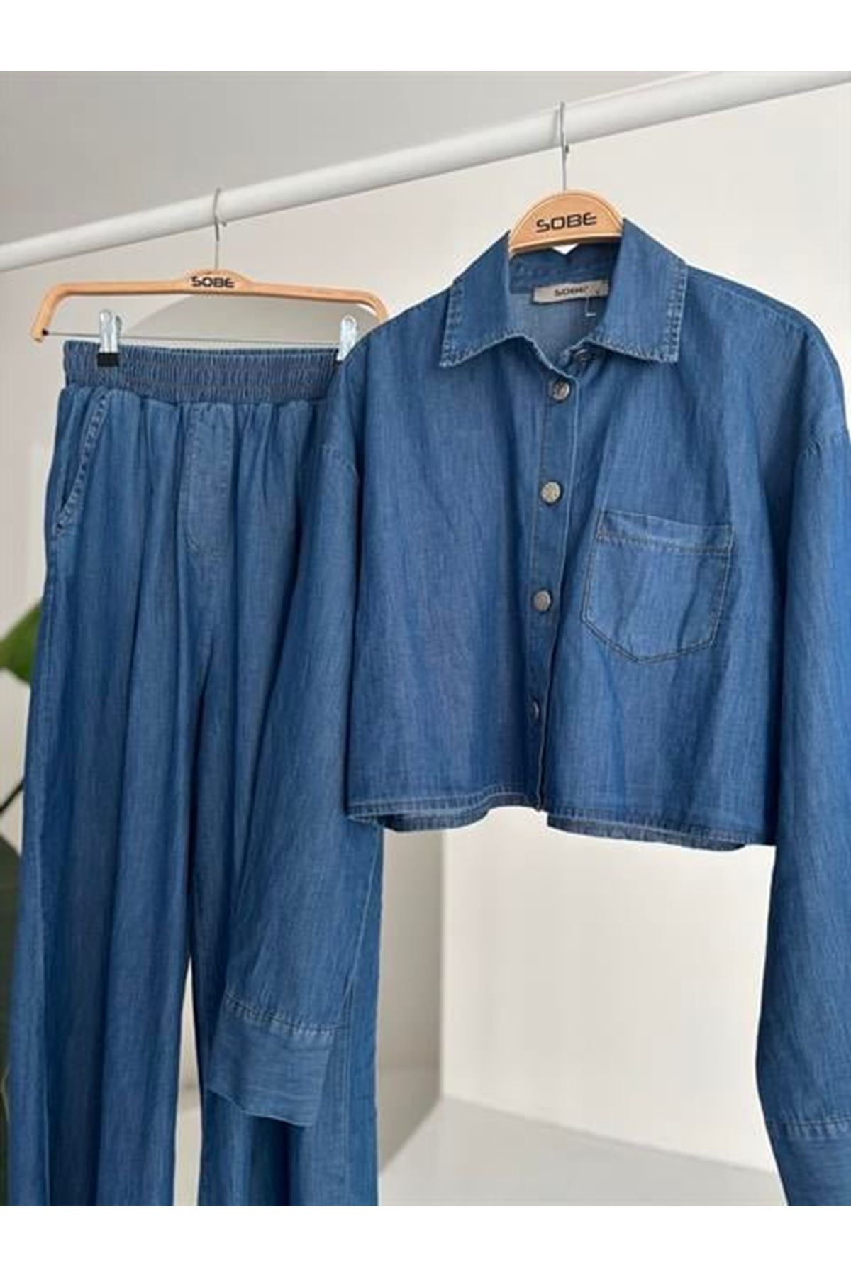 Denim Gömlek Plazzo Pantolon Takım 10163-08