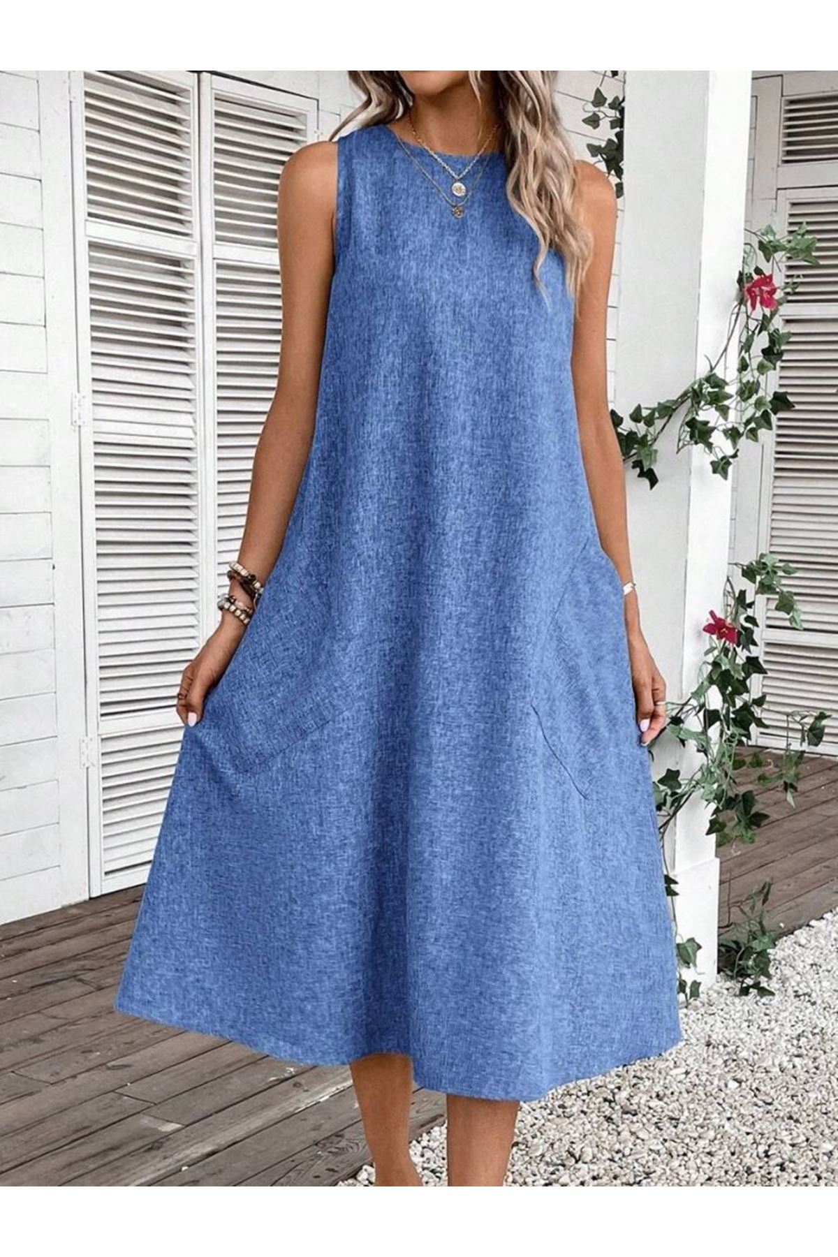 Kadın Kolsuz Bisiklet Yaka Cepli Midi Keten Elbise