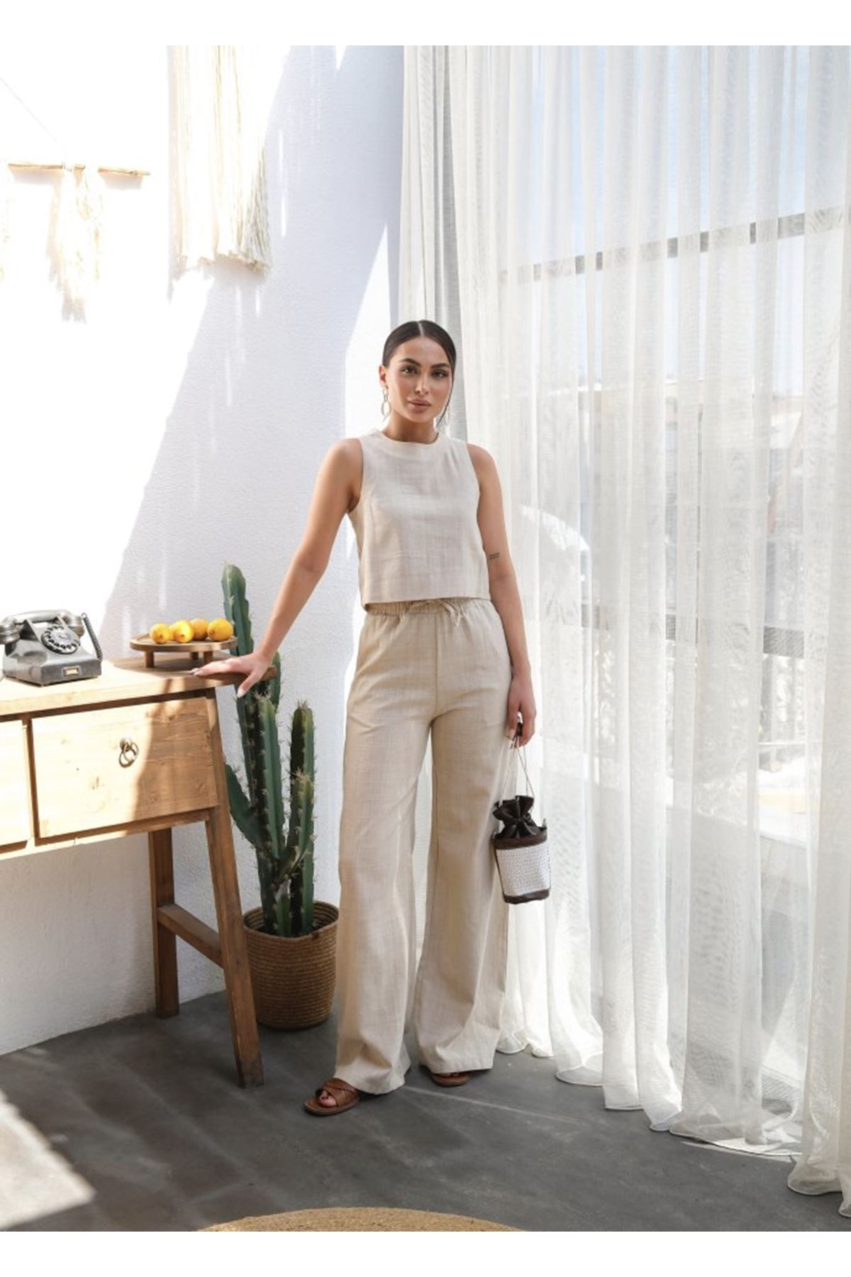 Keten Bluz Ve Pantolon İki̇li̇ Takim