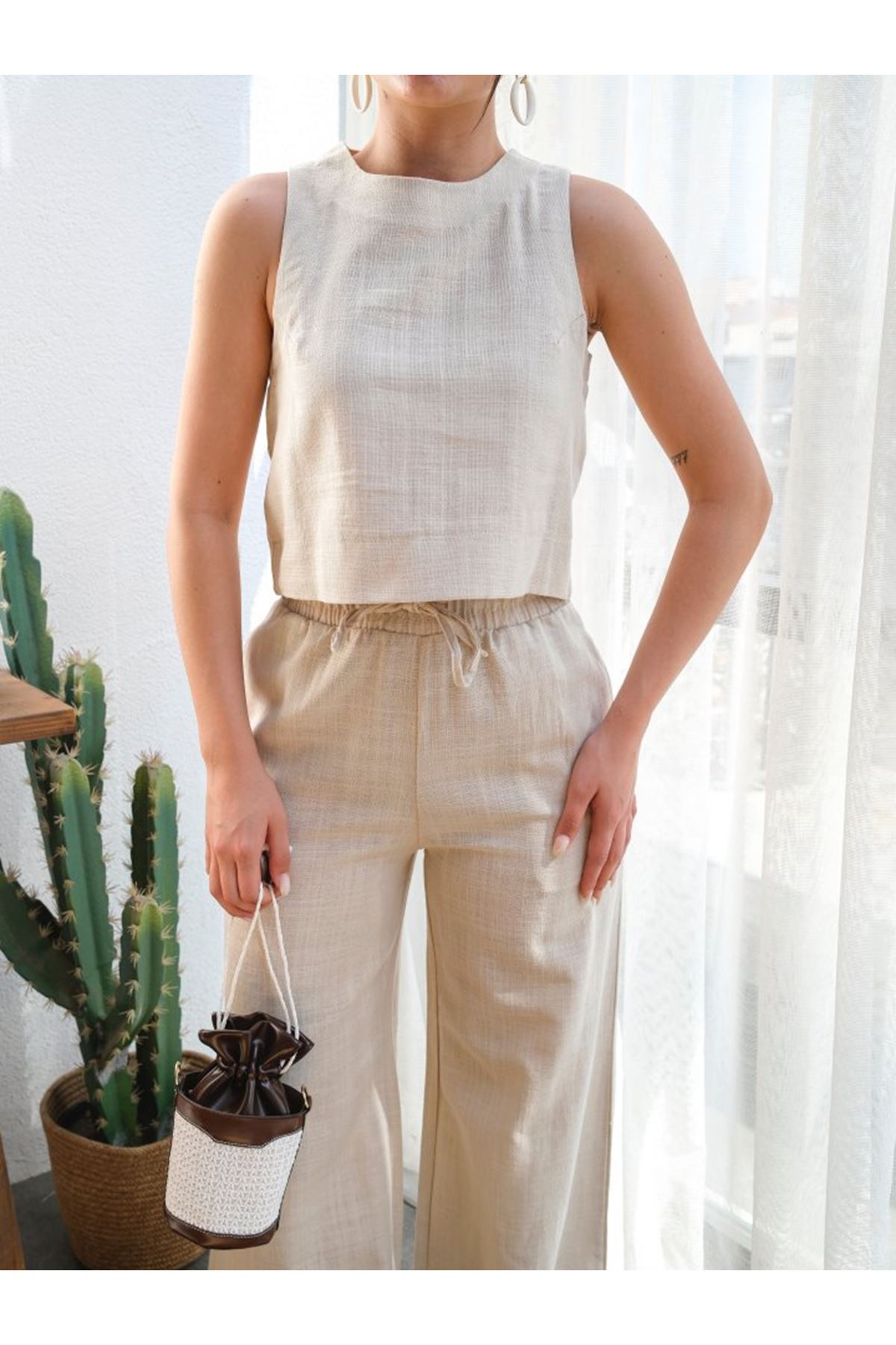 Keten Bluz Ve Pantolon İki̇li̇ Takim