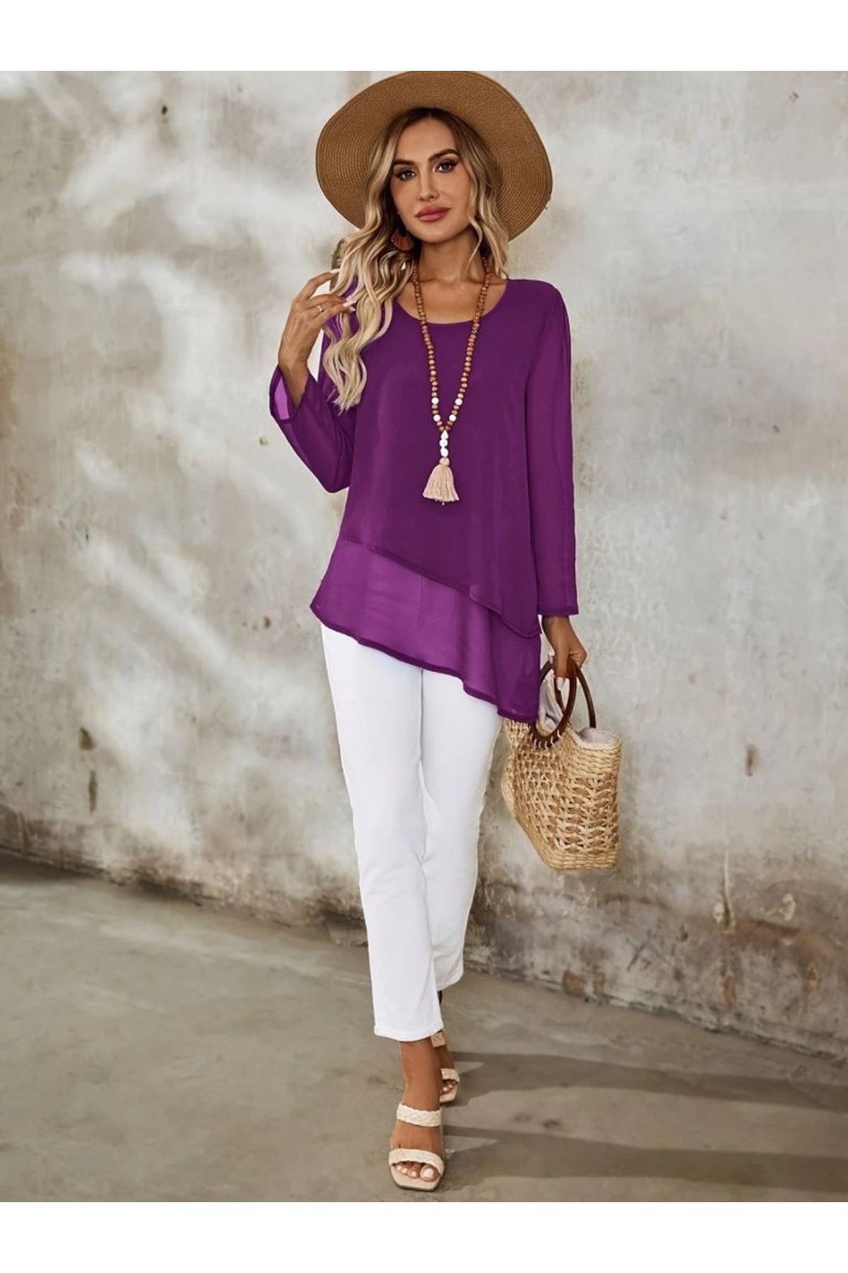 Kadın Uzun Kollu Yuvarlak Asimetrik Detaylı şifon Bluz