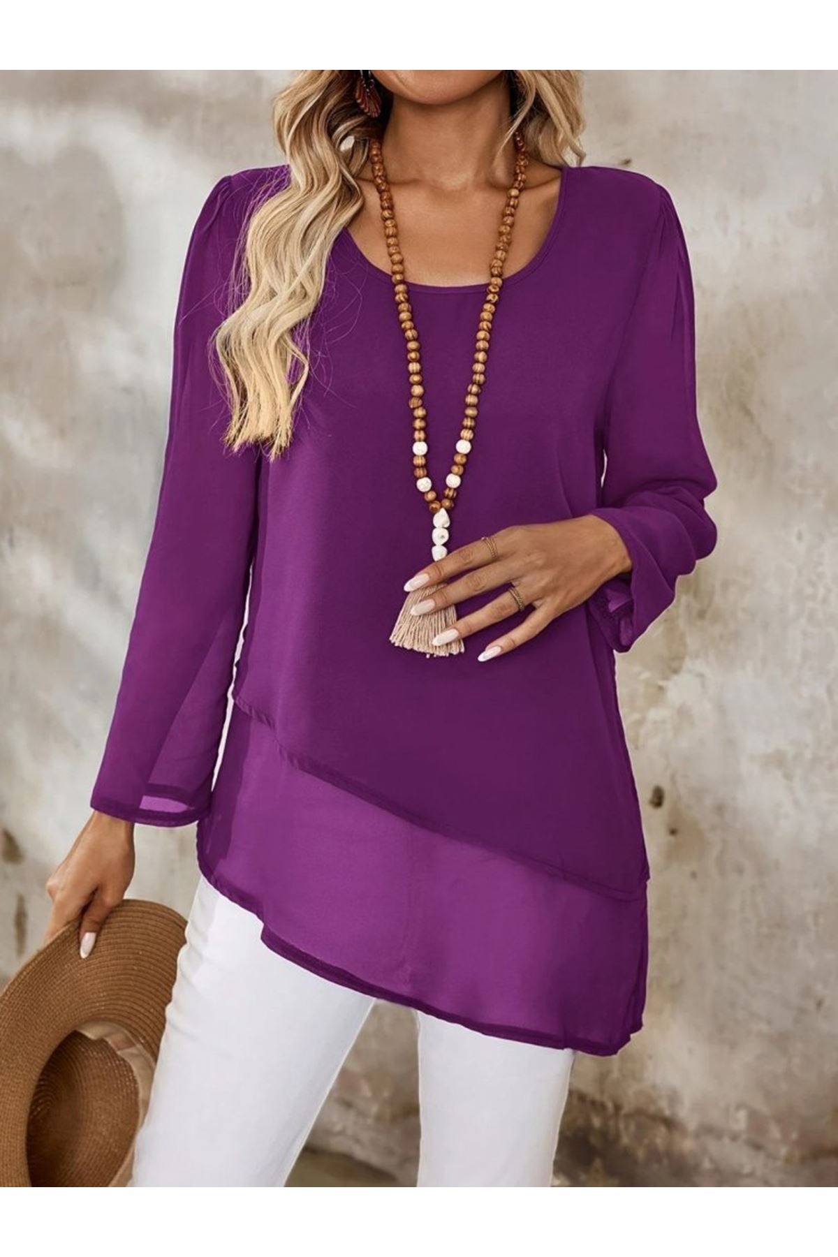 Kadın Uzun Kollu Yuvarlak Asimetrik Detaylı şifon Bluz