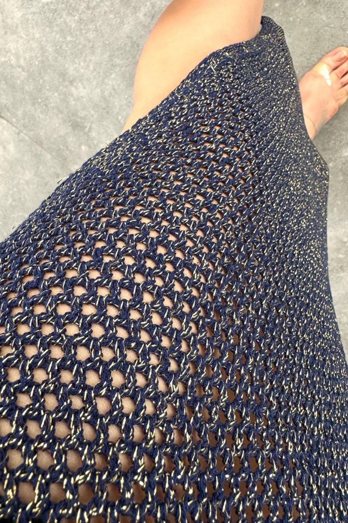 Simli Ajurlu Uzun Elbise - Lacivert-Sarı