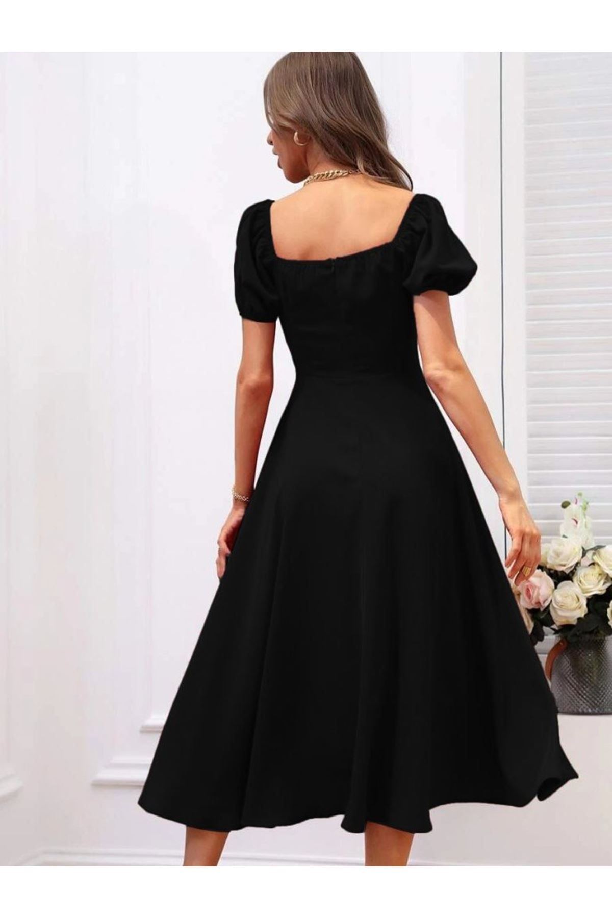 Kadın Kısa Kollu Kare Yakalı Yırtmaçlı Midi Janjan Krep Elbise