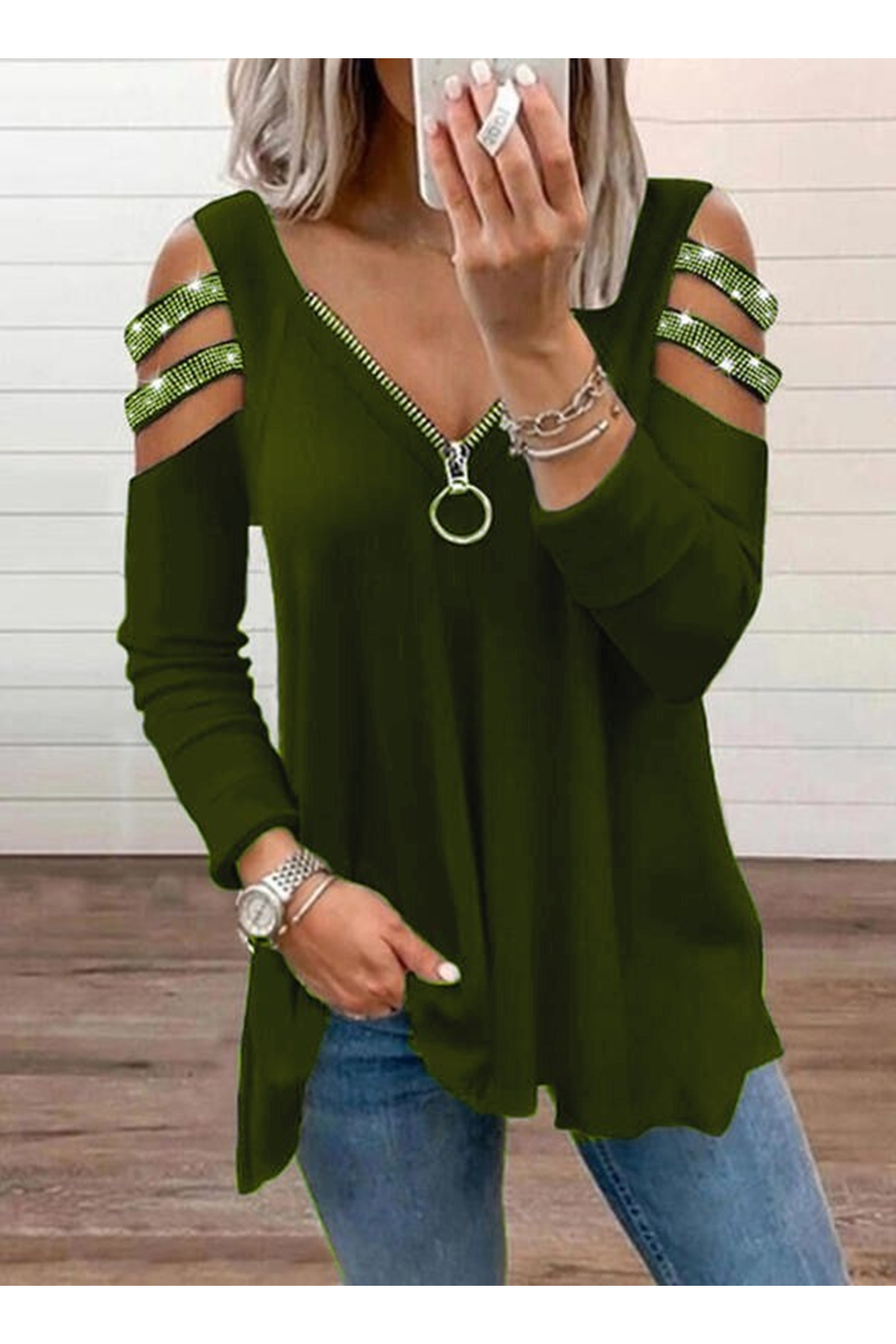 Kadın Haki Kolları Taş Işlemeli Uzun Kol Fermuarlı Viskon Bluz