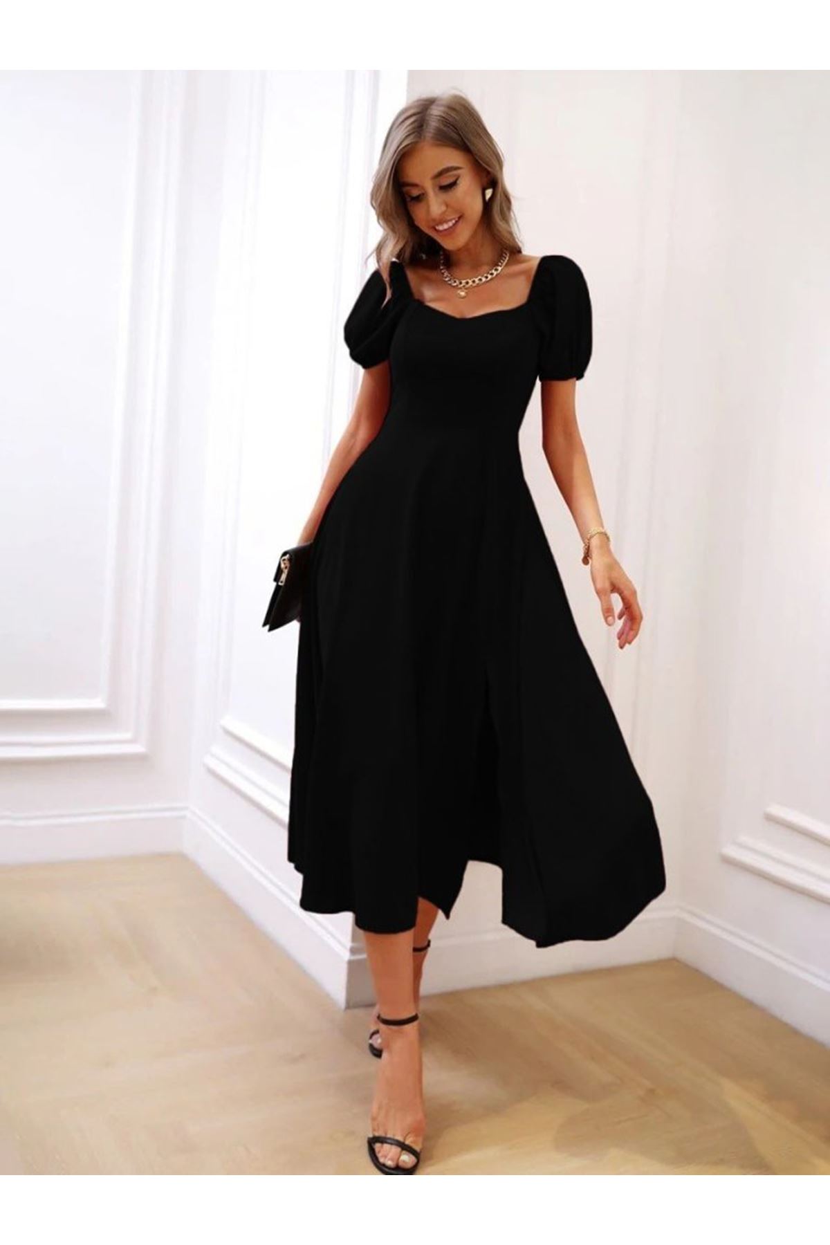 Kadın Kısa Kollu Kare Yakalı Yırtmaçlı Midi Janjan Krep Elbise