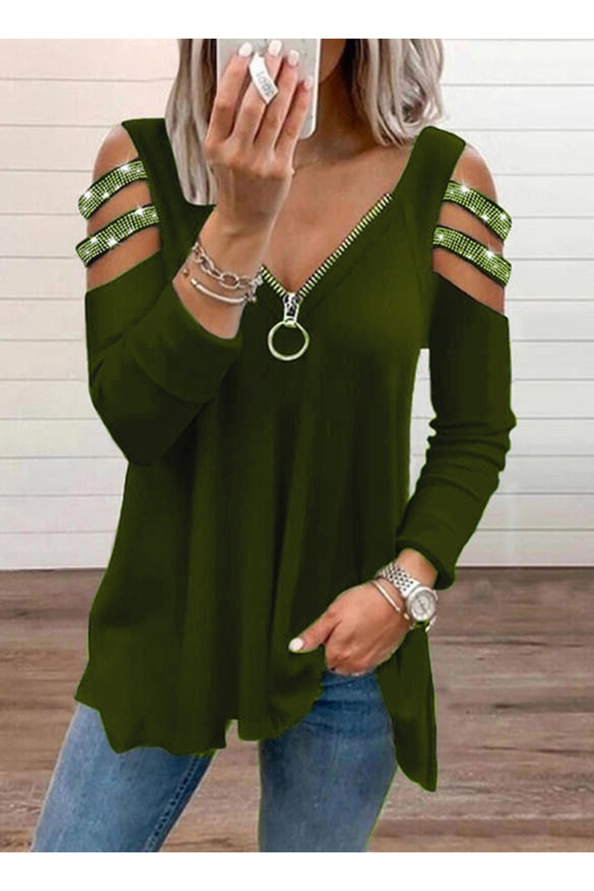 Kadın Haki Kolları Taş Işlemeli Uzun Kol Fermuarlı Viskon Bluz