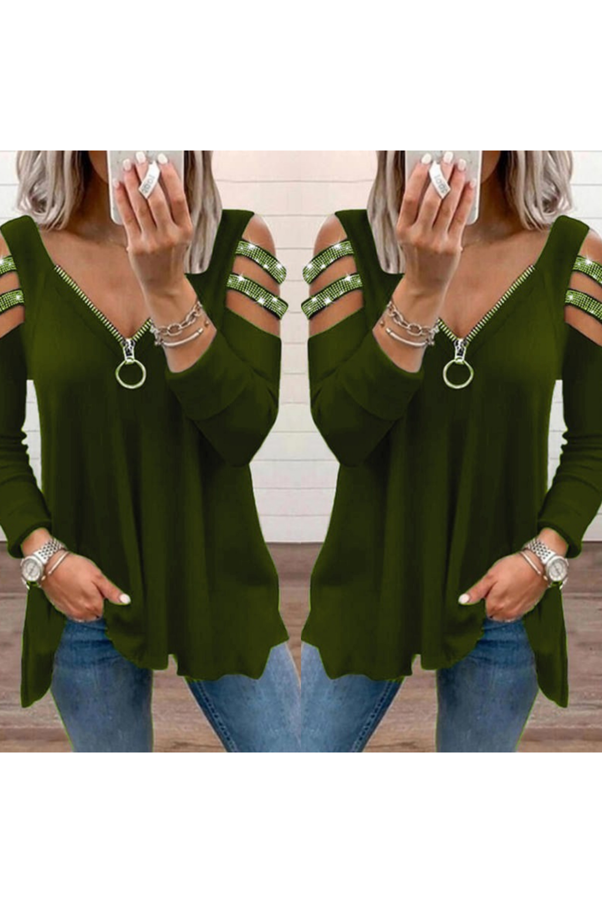 Kadın Haki Kolları Taş Işlemeli Uzun Kol Fermuarlı Viskon Bluz