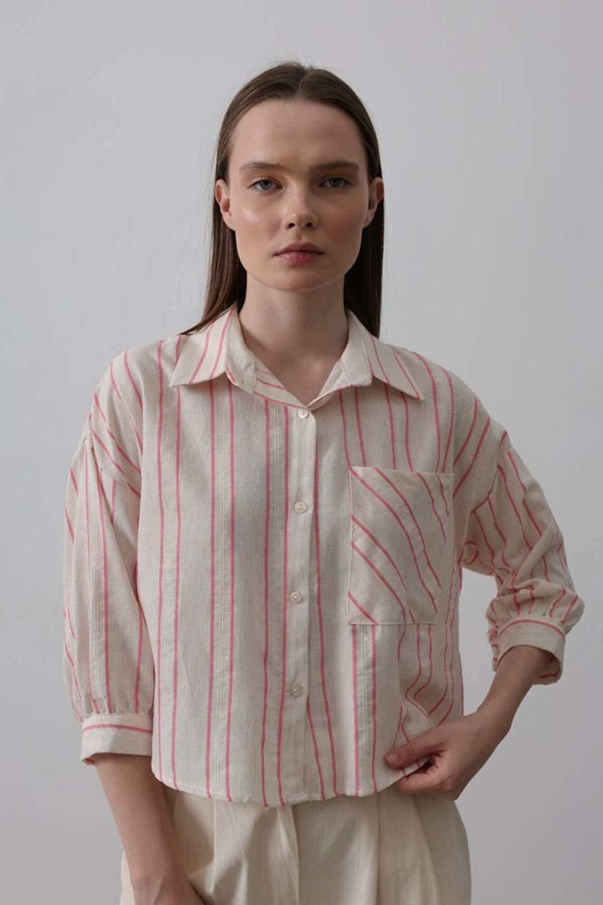 Çizgili Kısa Gömlek - Bej Pembe