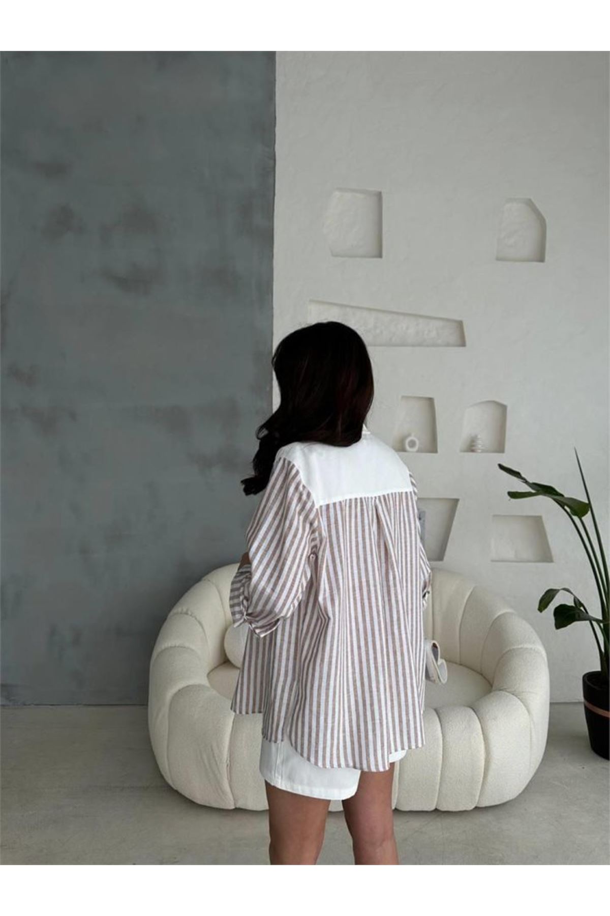 GABARDİN ŞORT - GABARDİN - ÇİZGİLİ KETEN GARNİLİ CEKET TAKIM - Kahverengi