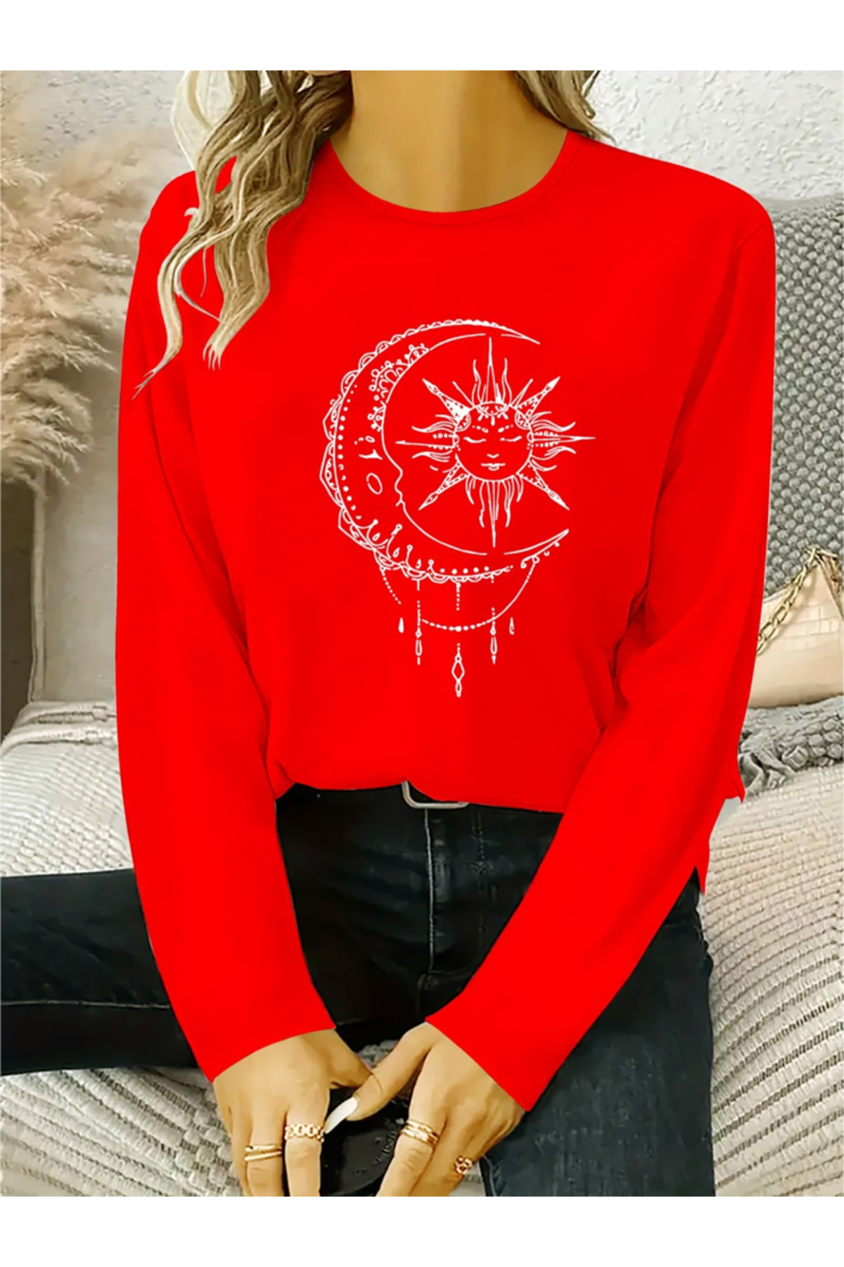 Kadın Uzun Kollu Bisiklet Yaka Ay Baskılı Viskon Bluz