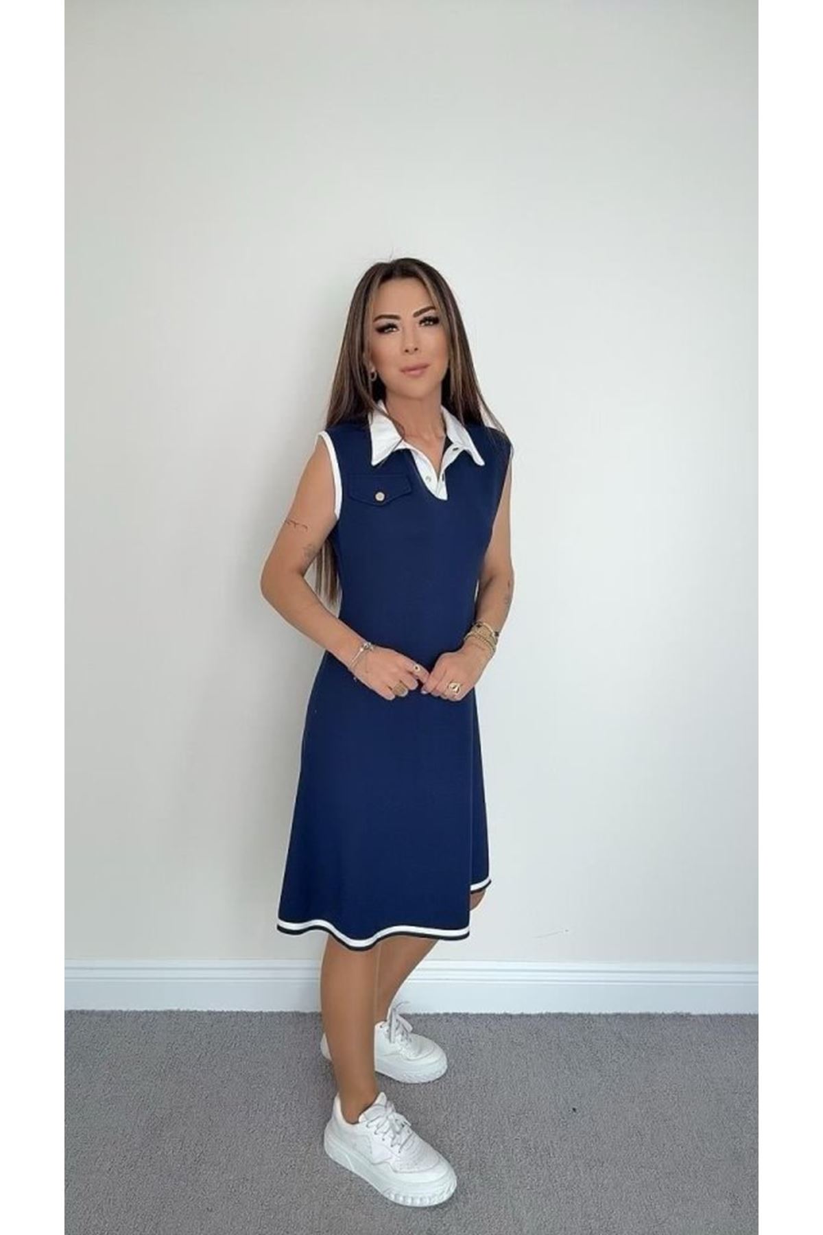 Kadın Ribana Detaylı Sıfır Kol Midi Boy Elbise
