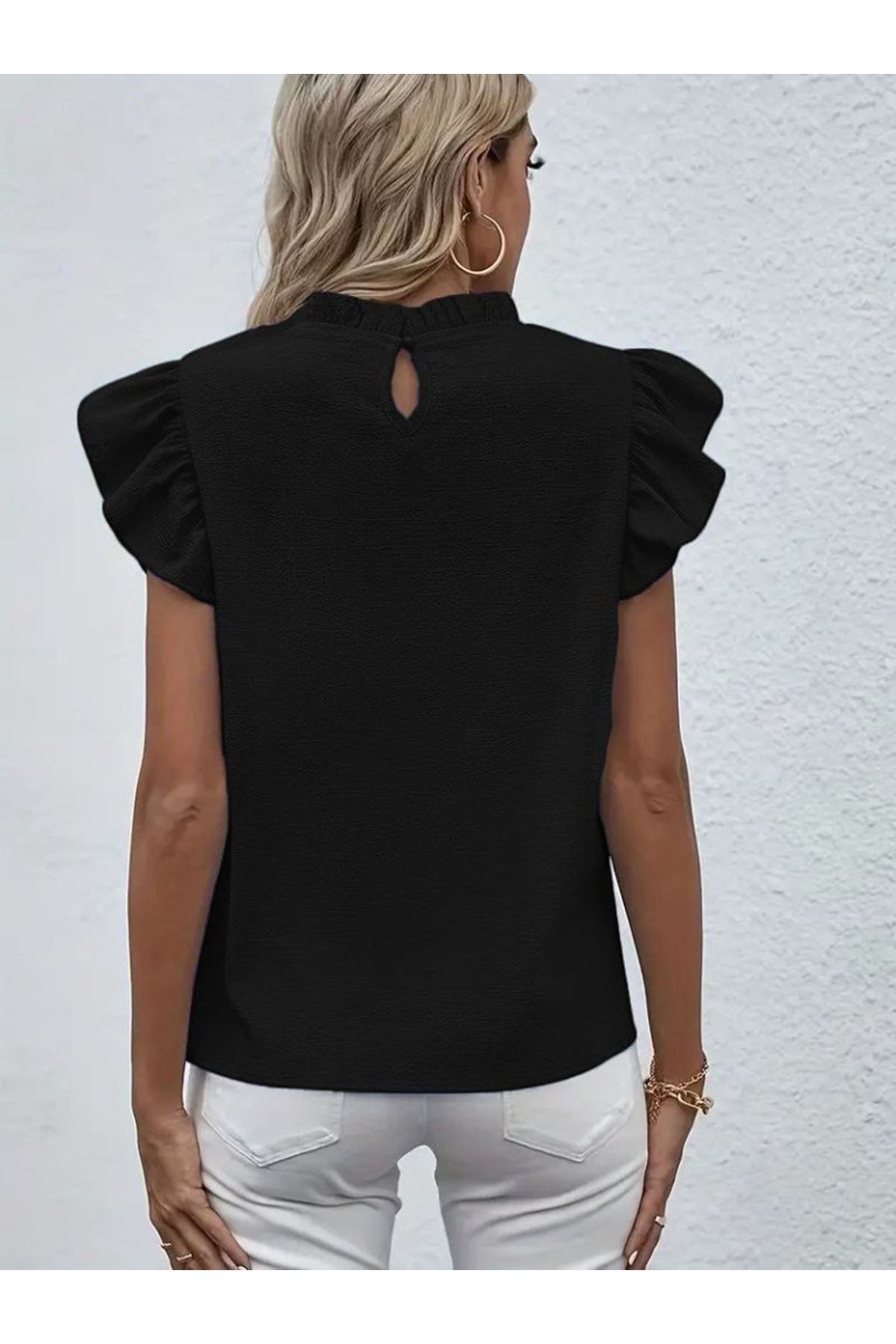 Kadın Kısa Kollu Fırfır Yakalı Bürümcük Bluz