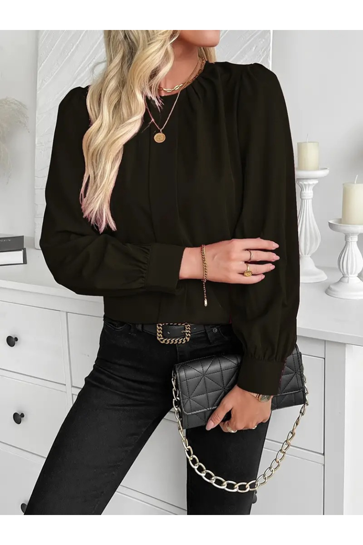 Kadın Uzun Kollu Bisiklet Yaka Pileli Ithal Krep Bluz