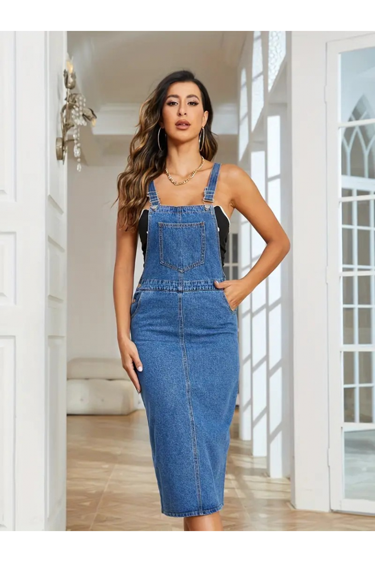 Kadın Askılı önü Cepli Diz Altı Kot Salopet