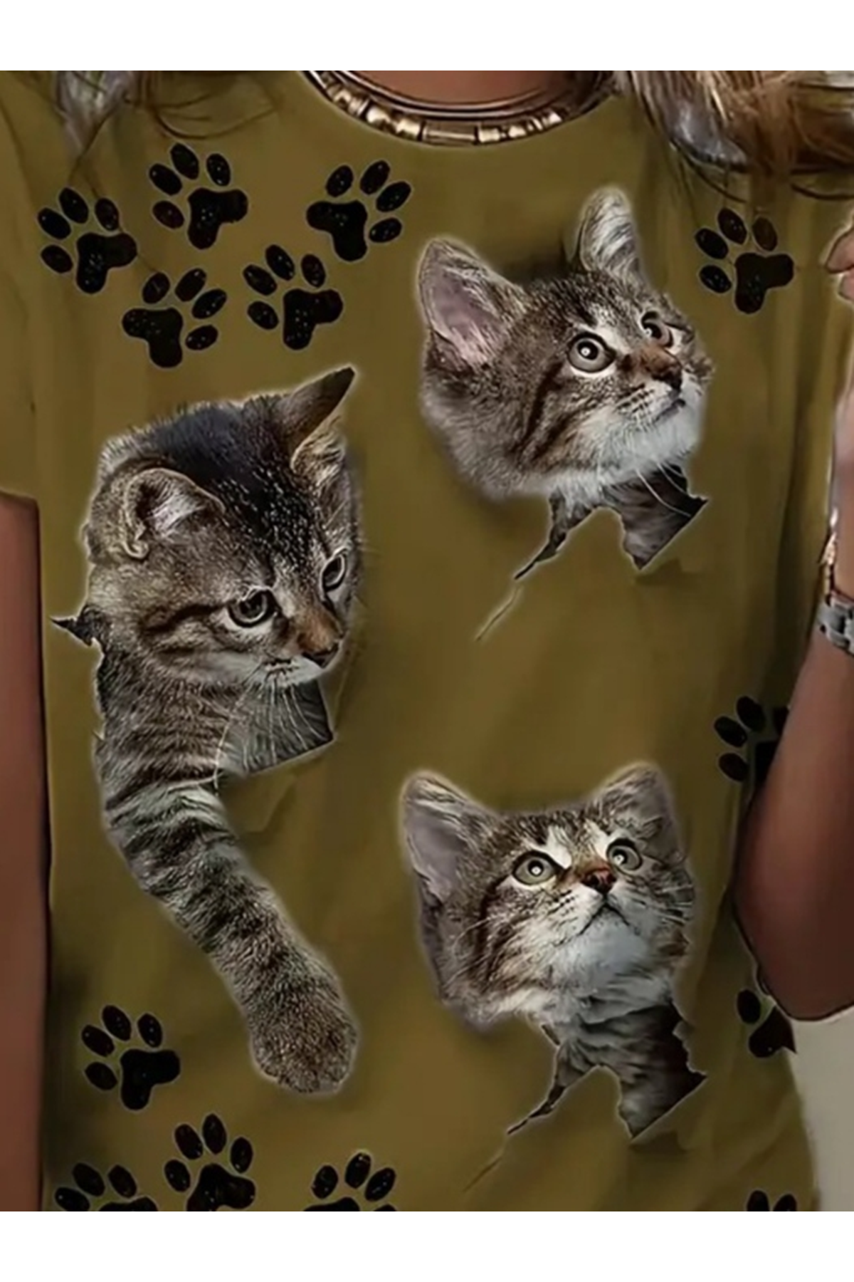 Kadın Kısa Kollu Kedi Ve Pati Baskılı Süprem T-shirt