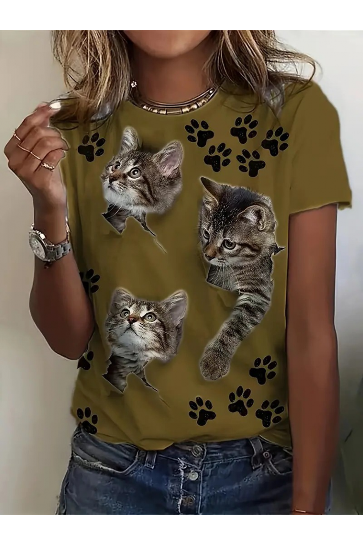 Kadın Kısa Kollu Kedi Ve Pati Baskılı Süprem T-shirt