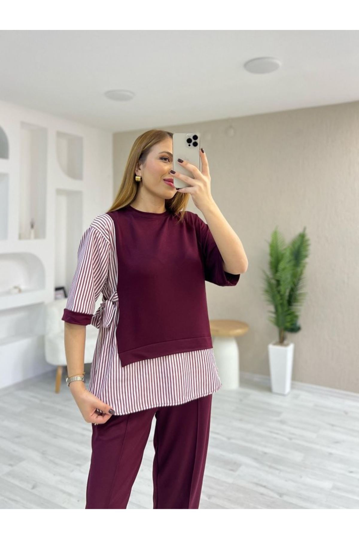 Kadın Kristal 2 Iplik Kumaş Yanları çizgili Takım