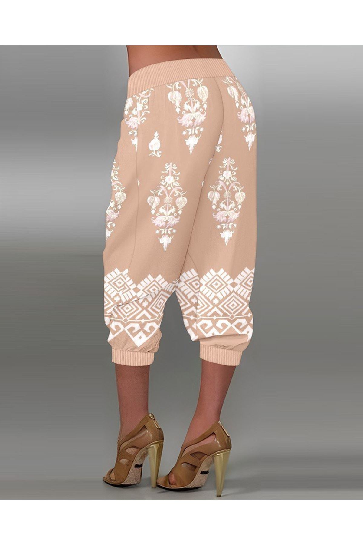 Kadın Beli Lastikli Etnik Desenli Kapri Süprem Pantolon