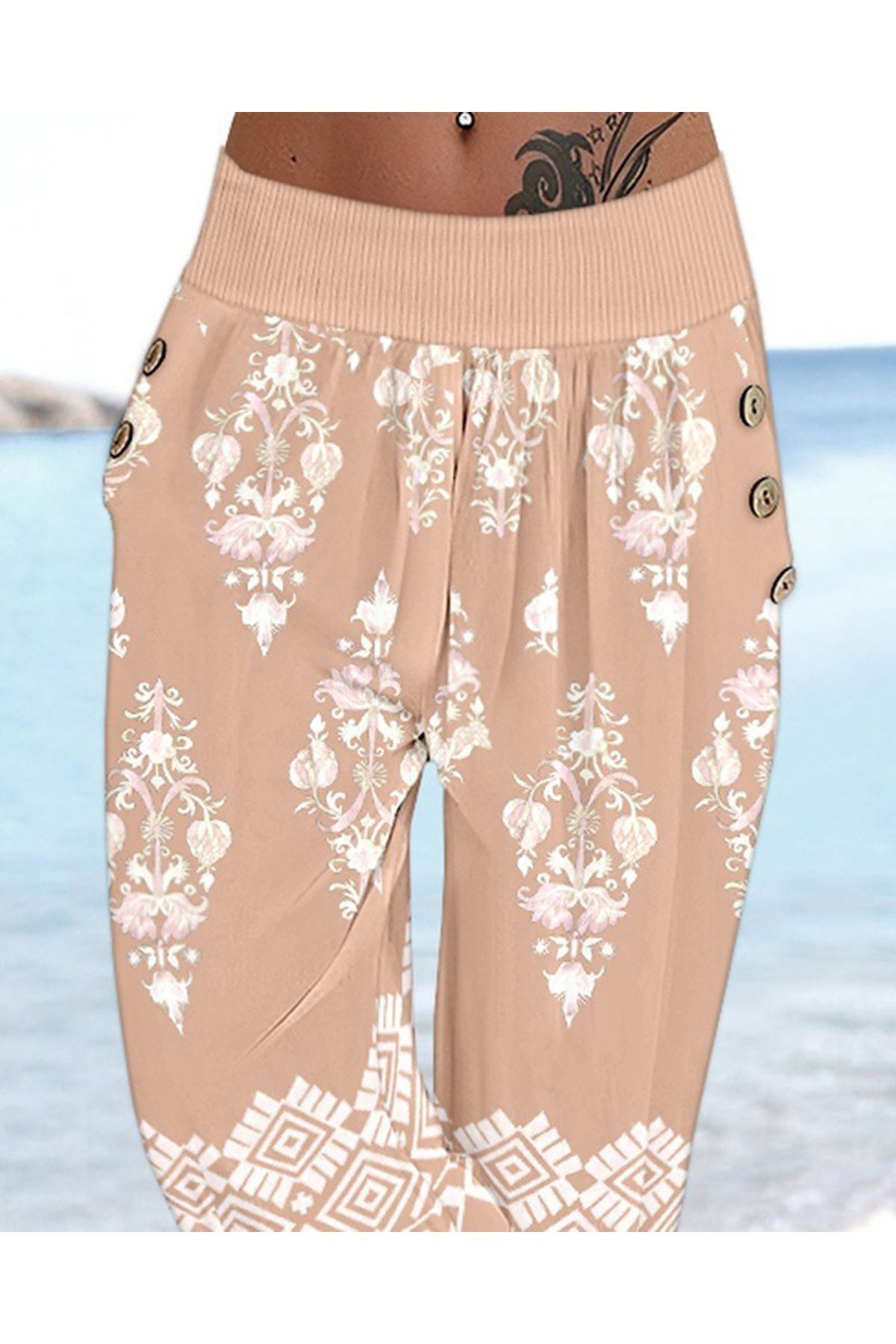 Kadın Beli Lastikli Etnik Desenli Kapri Süprem Pantolon