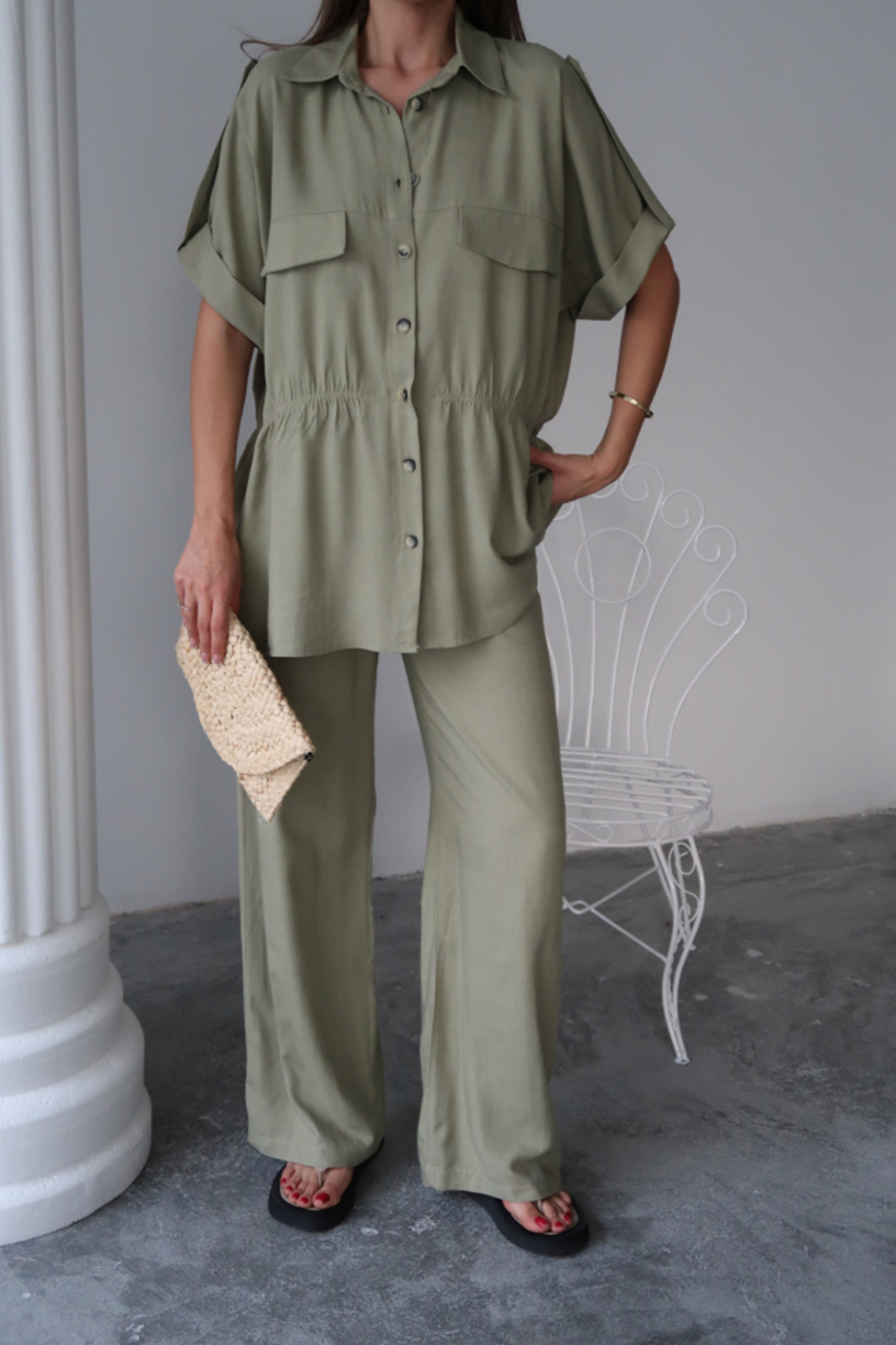 KETEN BELDEN BÜZGÜ DETAYLI GÖMLEK - PANTOLON TAKIM - Yeşil