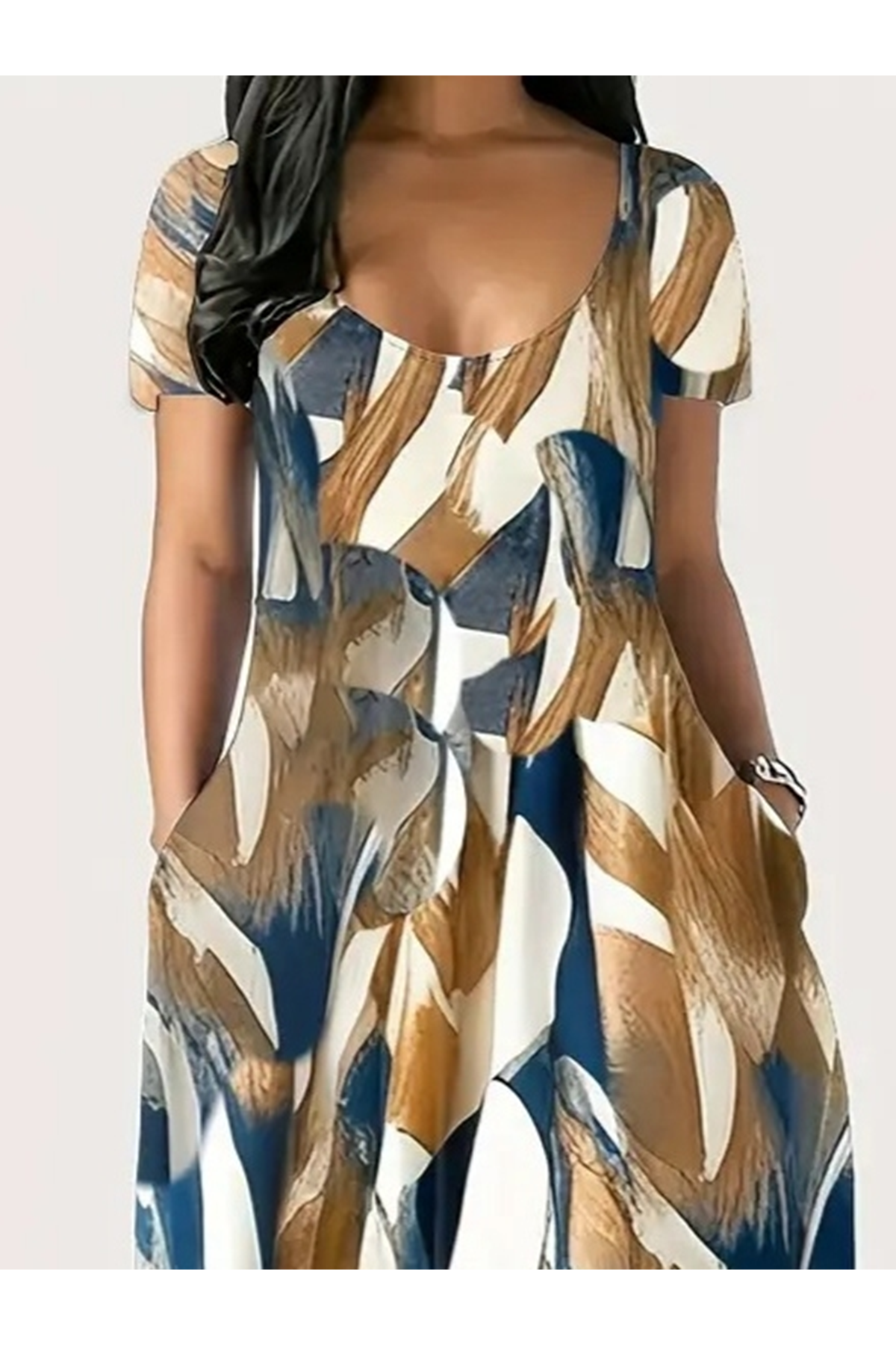 Kadın Kısa Kollu Yuvarlak Yaka Cepli Salaş Baskılı Süprem Elbise