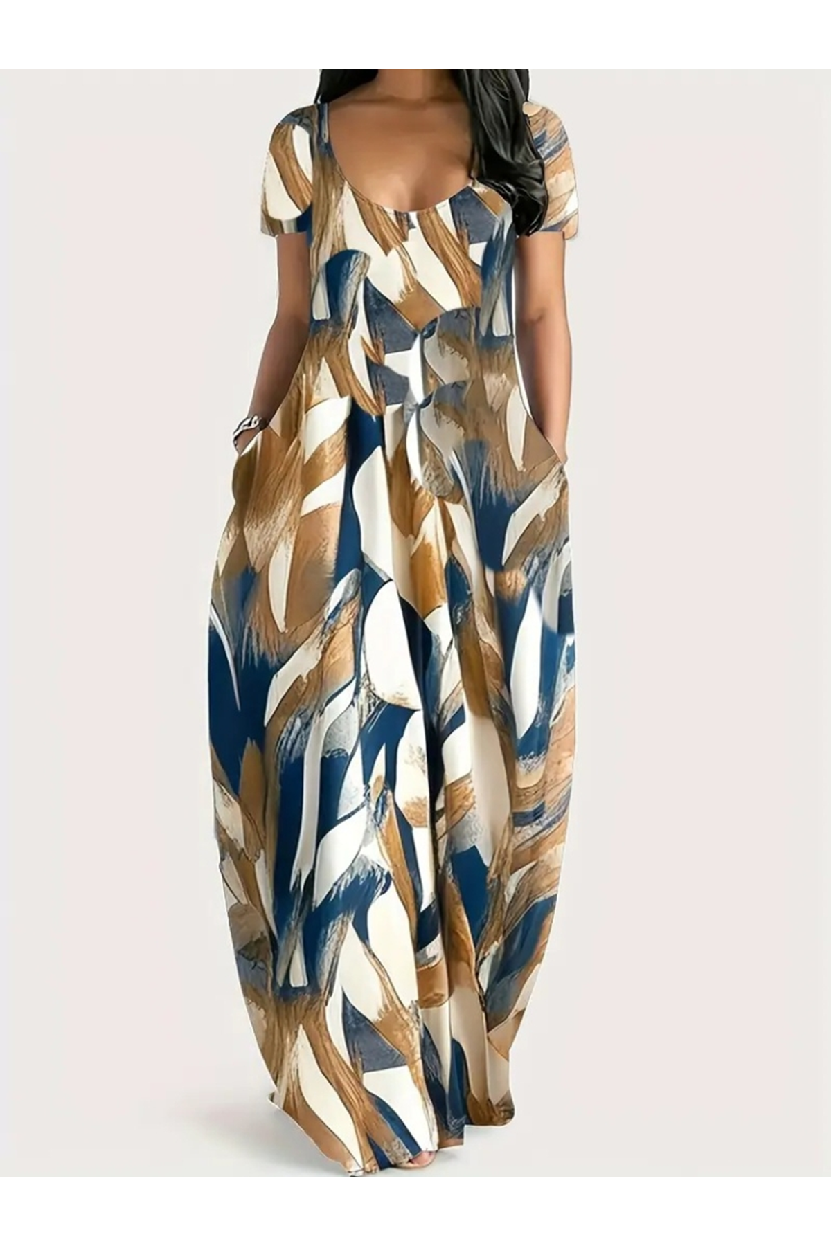 Kadın Kısa Kollu Yuvarlak Yaka Cepli Salaş Baskılı Süprem Elbise