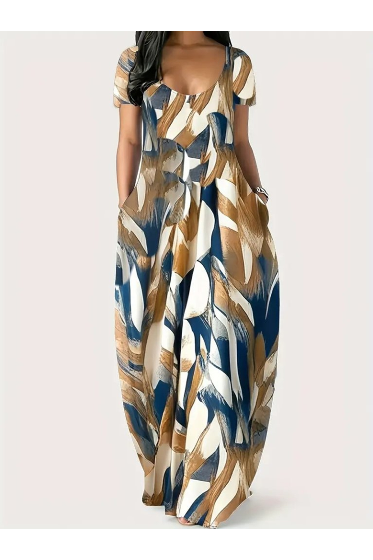 Kadın Kısa Kollu Yuvarlak Yaka Cepli Salaş Baskılı Süprem Elbise