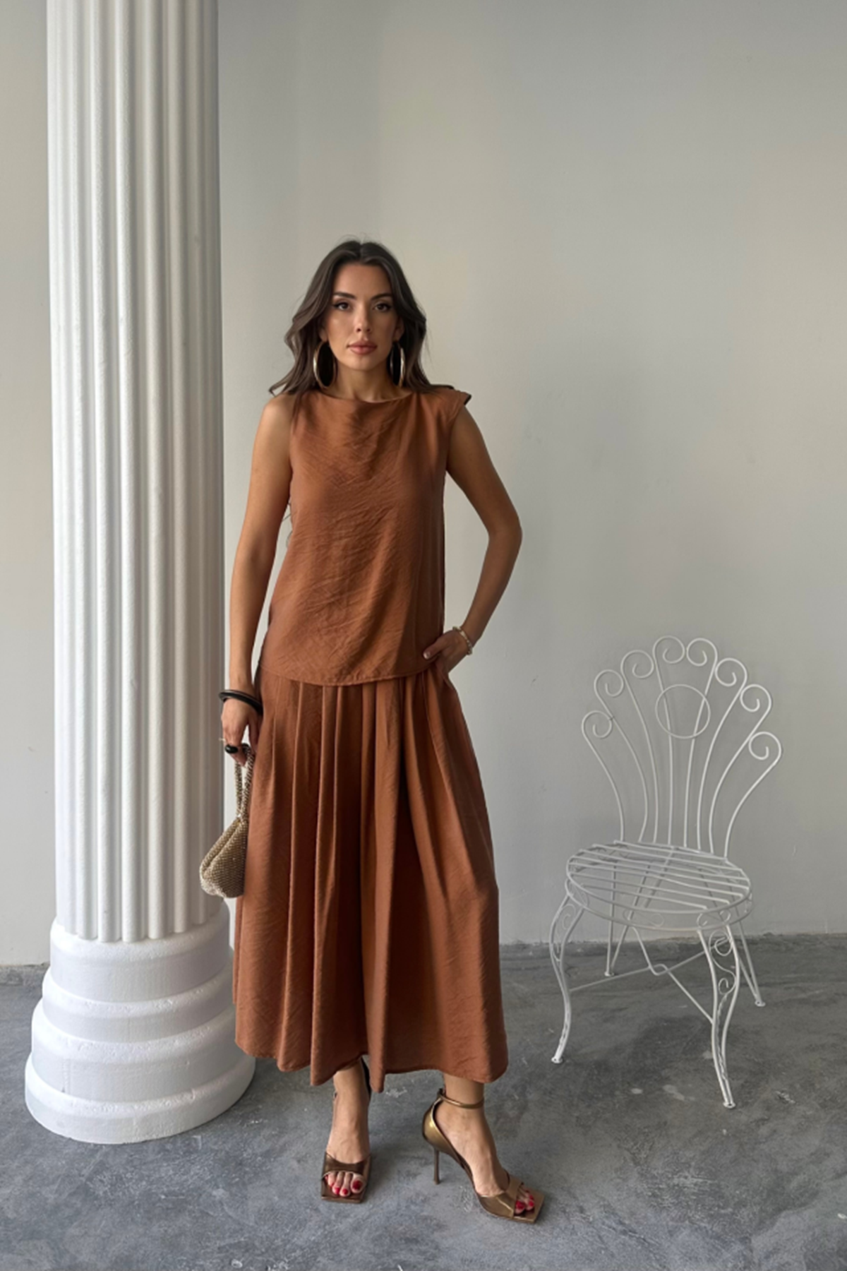 KETEN KOLSUZ BLUZ - MAXİ ETEK TAKIM - Kahverengi