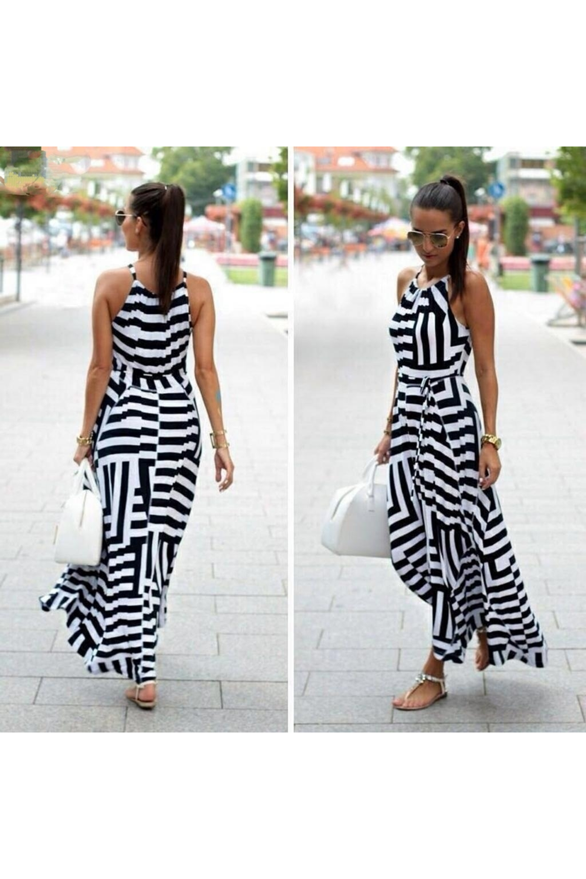 Kadın Askılı Belden Bağlamalı Geometrik Desen Krep Elbise