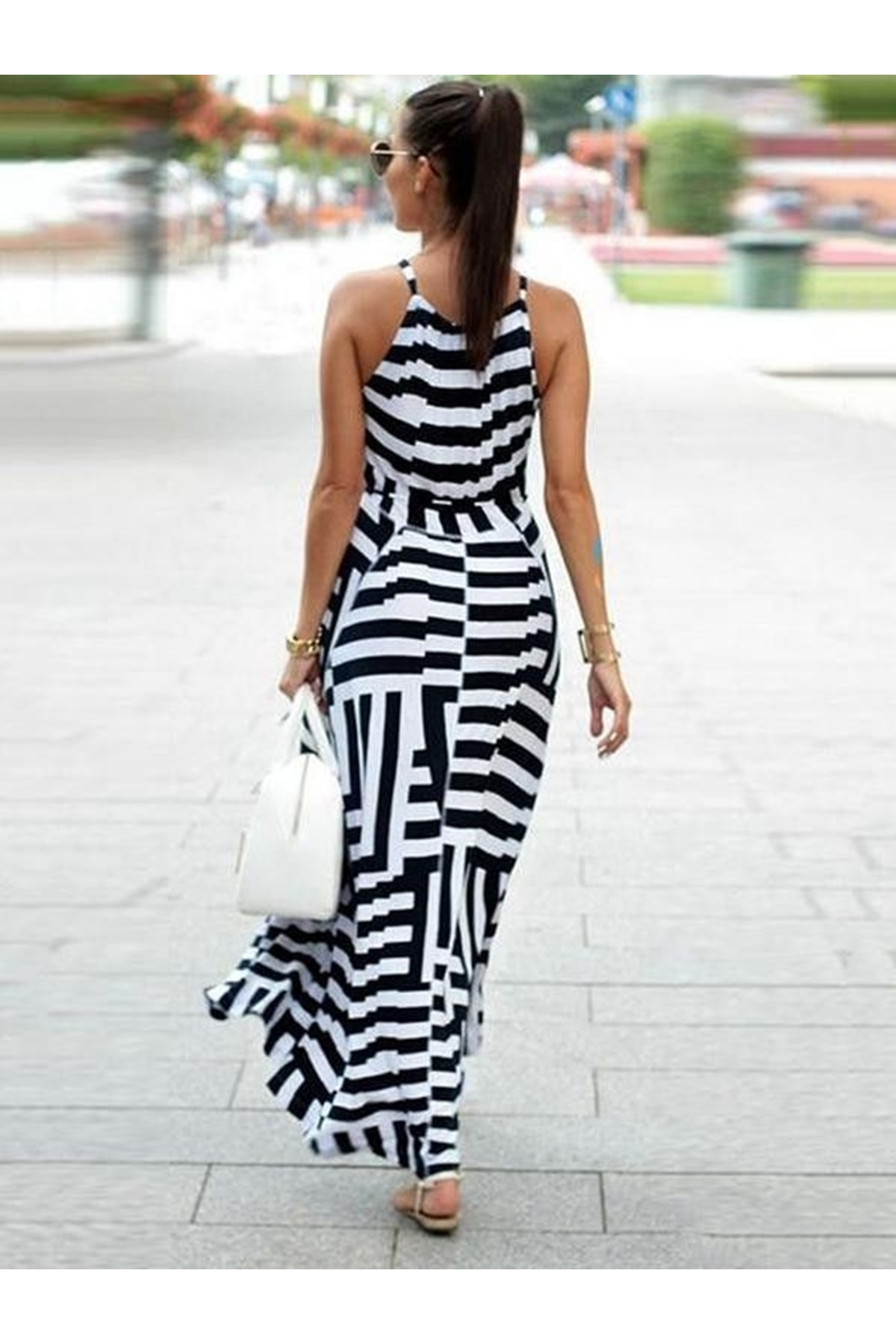 Kadın Askılı Belden Bağlamalı Geometrik Desen Krep Elbise