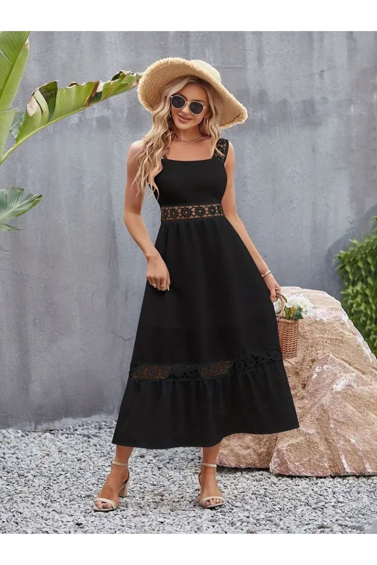 Kadın Askılı Dantel Detaylı Kiloş Janjan Krep Elbise