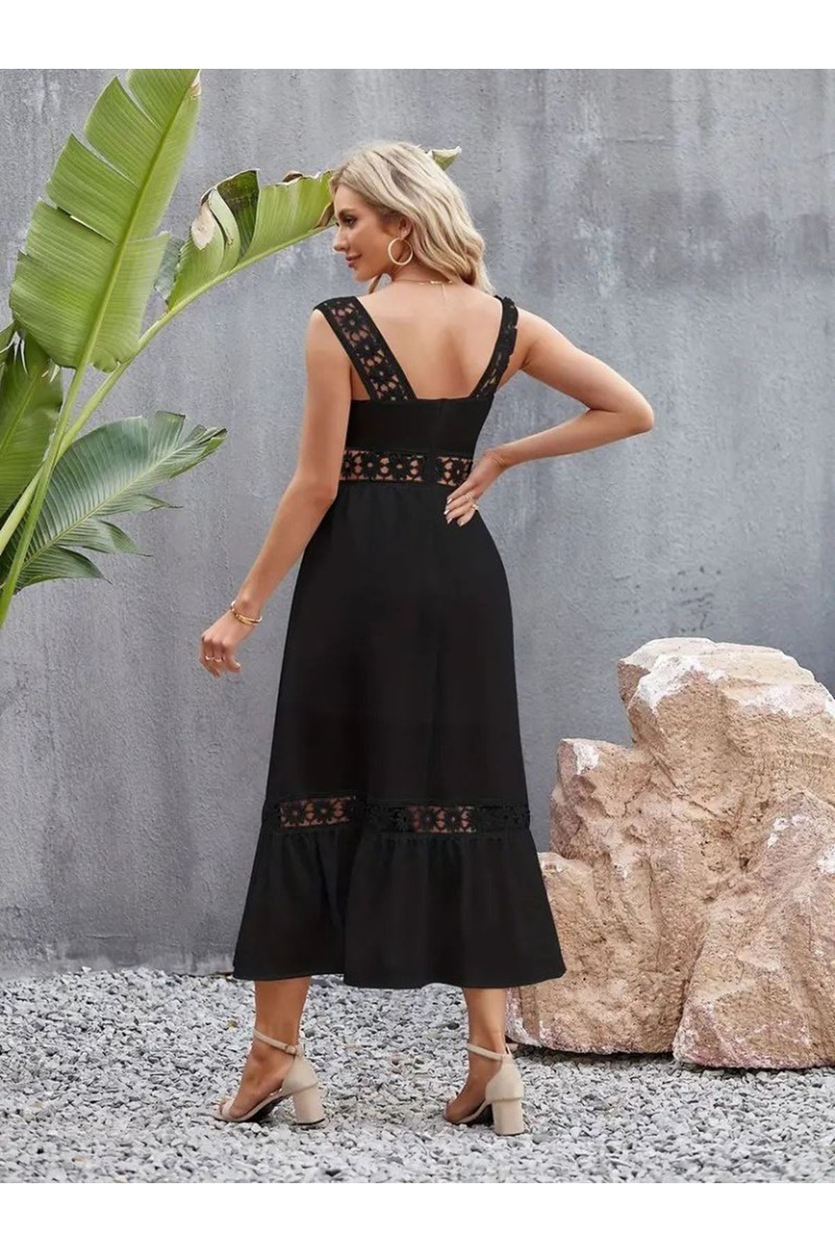 Kadın Askılı Dantel Detaylı Kiloş Janjan Krep Elbise