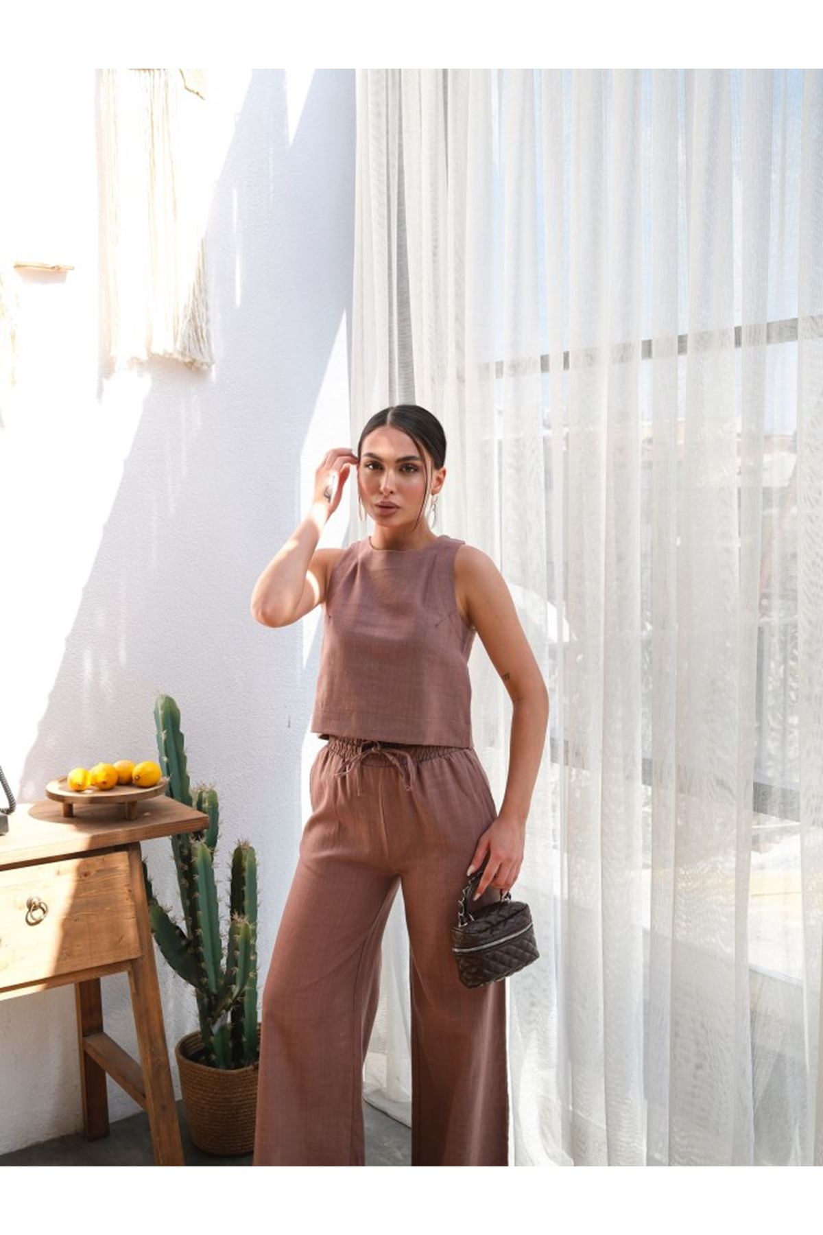 Keten Bluz Ve Pantolon İki̇li̇ Takim