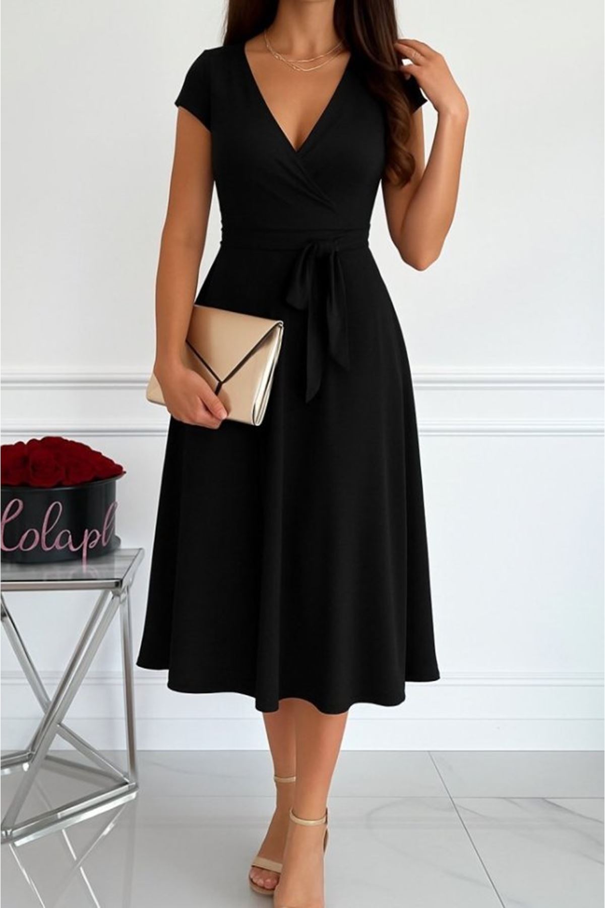 Kadın Kısa Kollu V Yakalı Belden Kuşaklı Maksi Boy Viskon Elbise