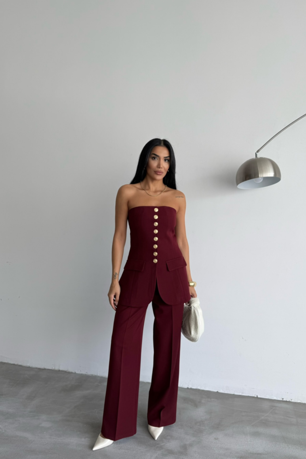 TASARIM GOLD DÜĞMELİ STRAPLEZYELEK - Bordo