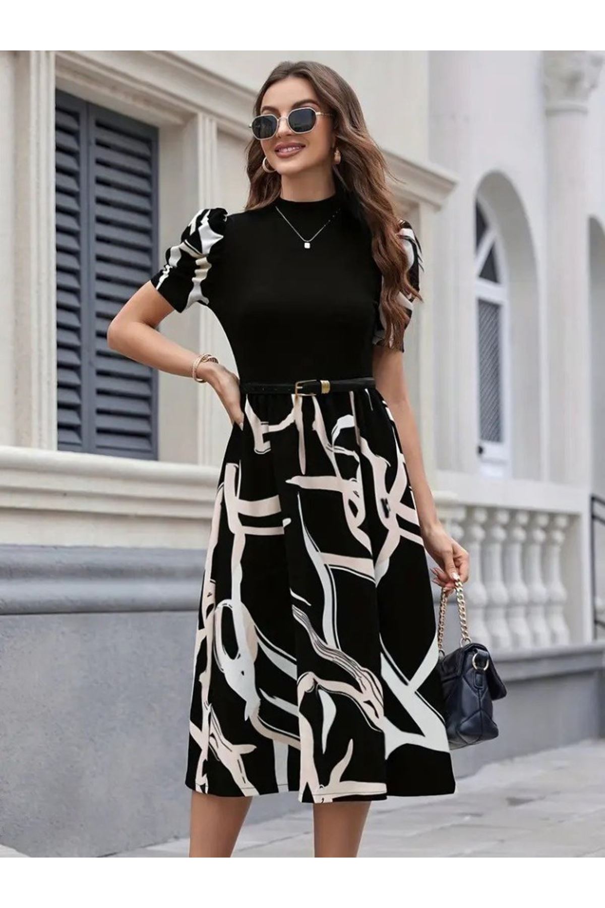 Kadın Kısa Kollu Yarı Balıkçı Yaka üst Viskon Alt Desenli Dokuma Midi Elbise